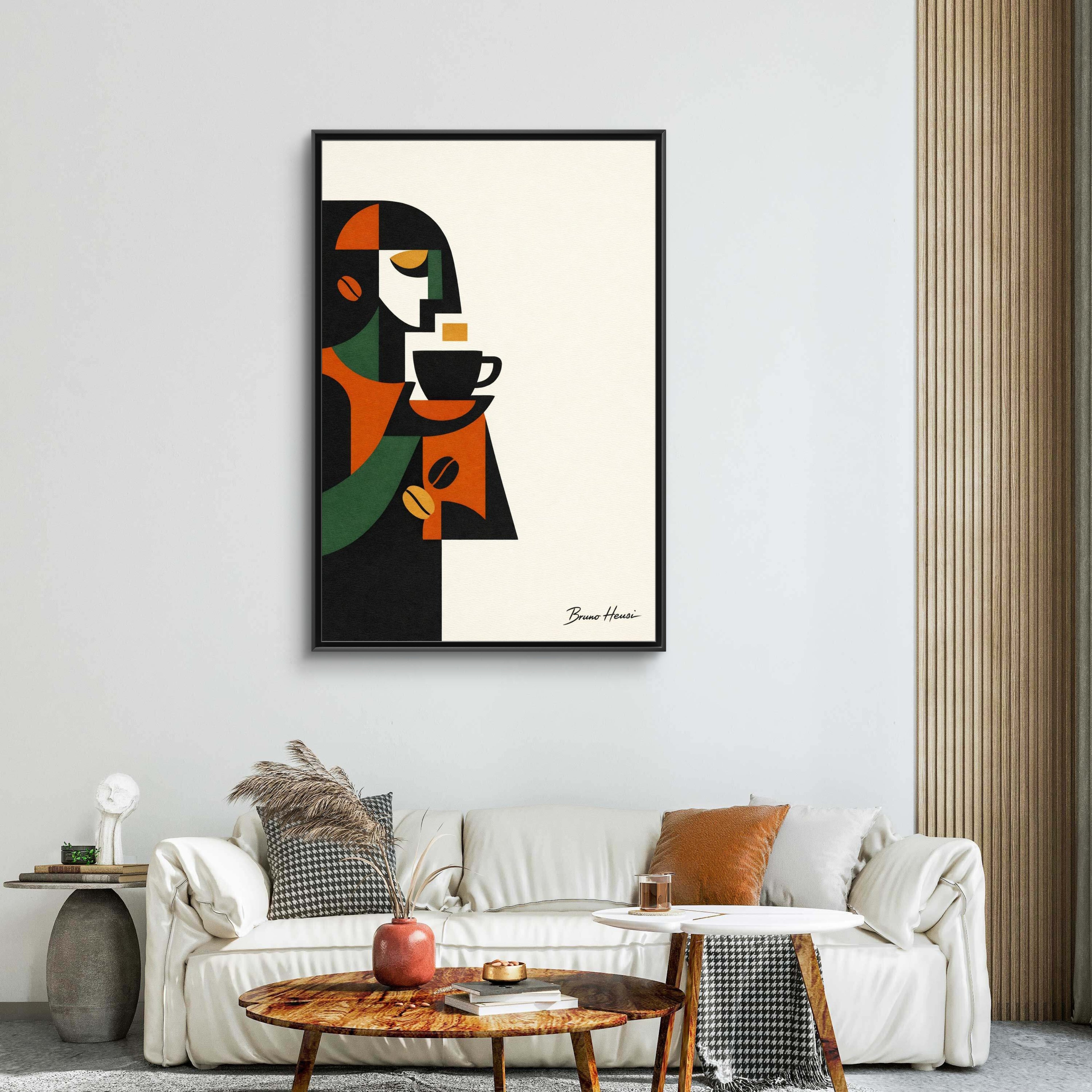 Abstract Coffee Drinker Framed Canvas Print — Modern Café Wall Art