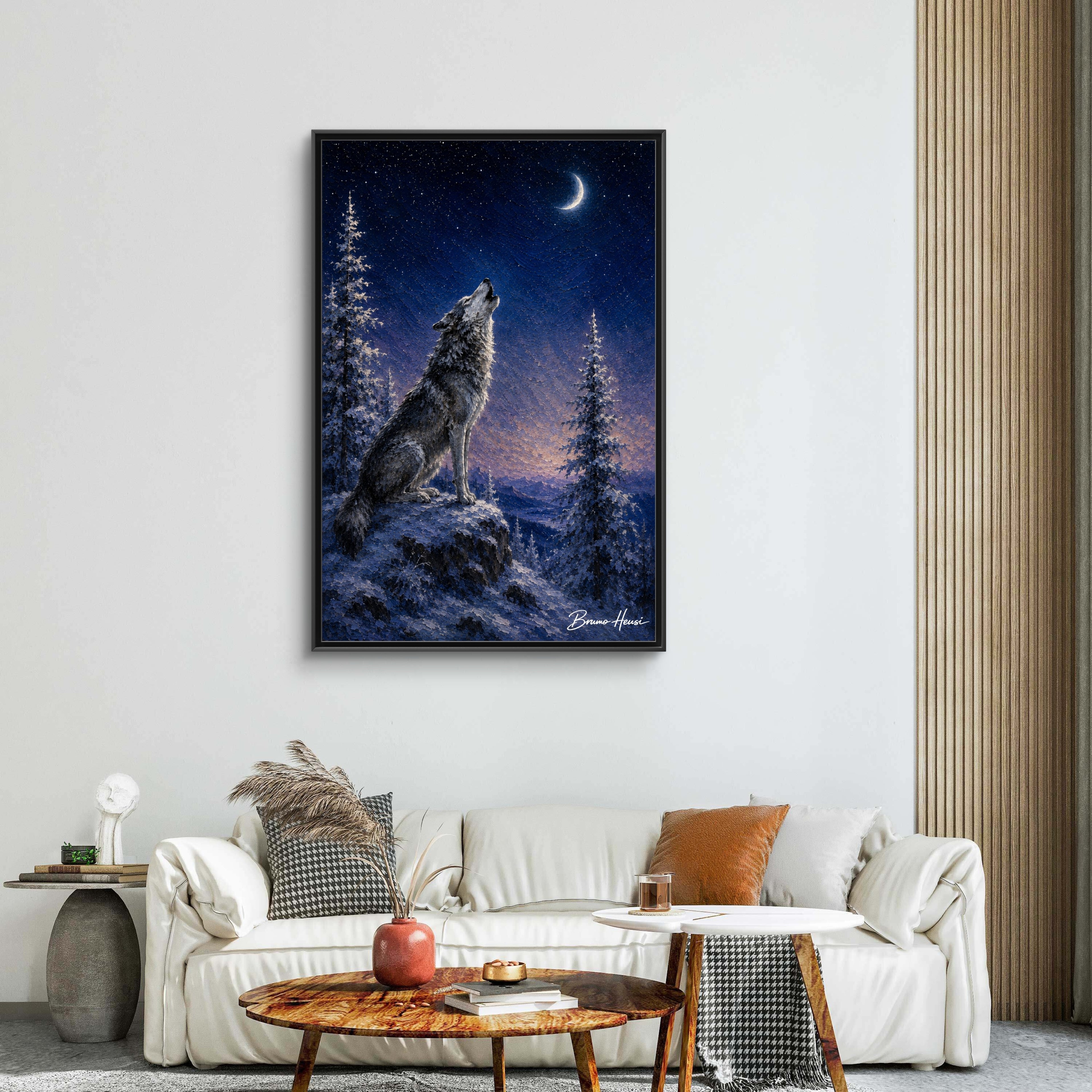 Howling Wolf Moon Framed Canvas Art - Matte Multi-Color Wilderness Print