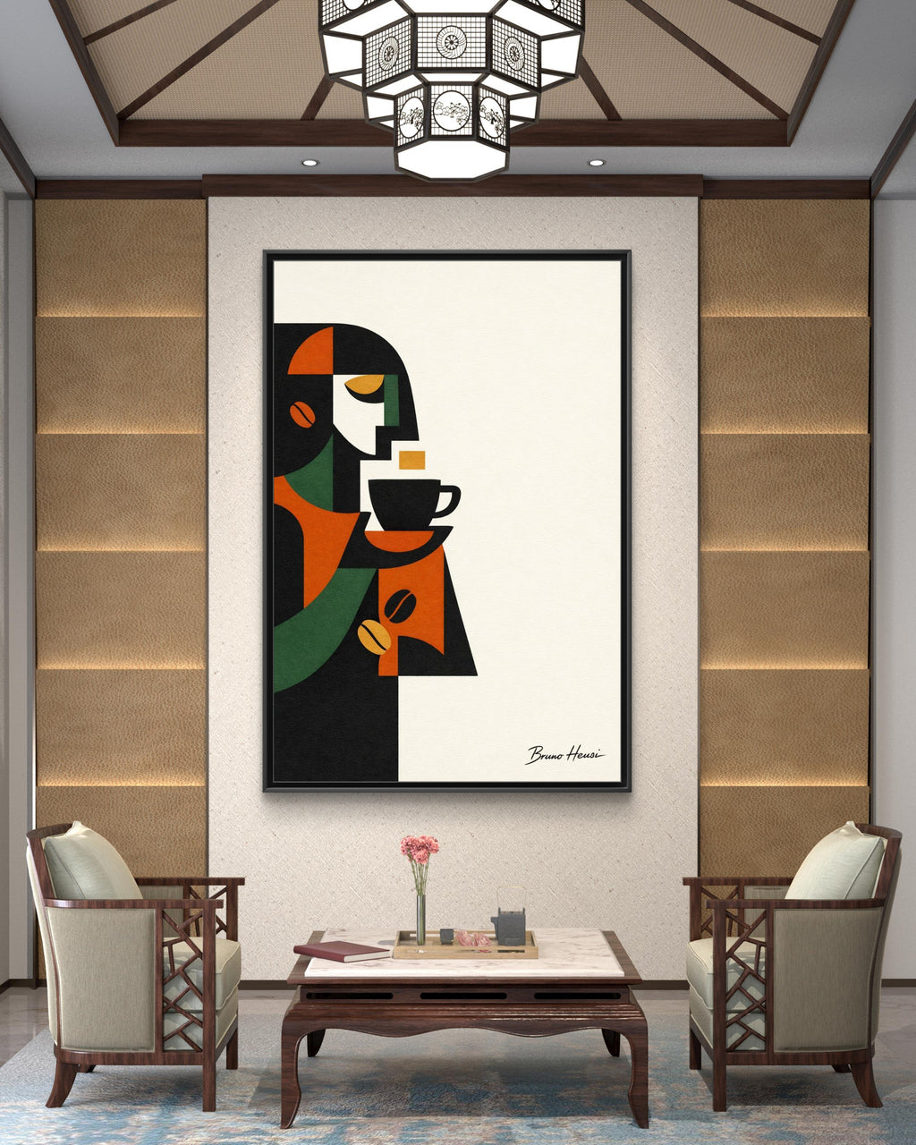 Abstract Coffee Drinker Framed Canvas Print — Modern Café Wall Art