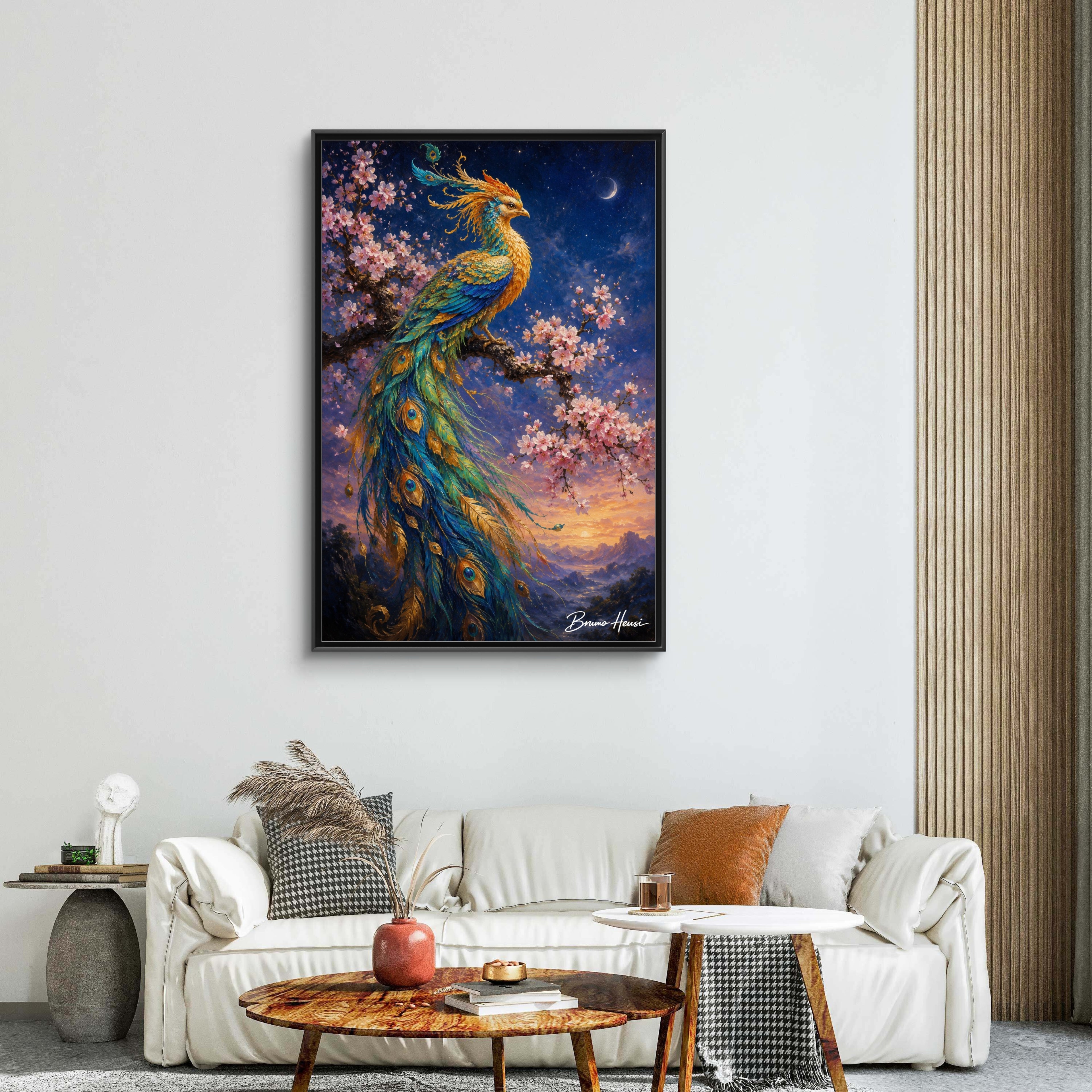 Framed Peacock Canvas Wall Art — Vibrant Fantasy Bird Print