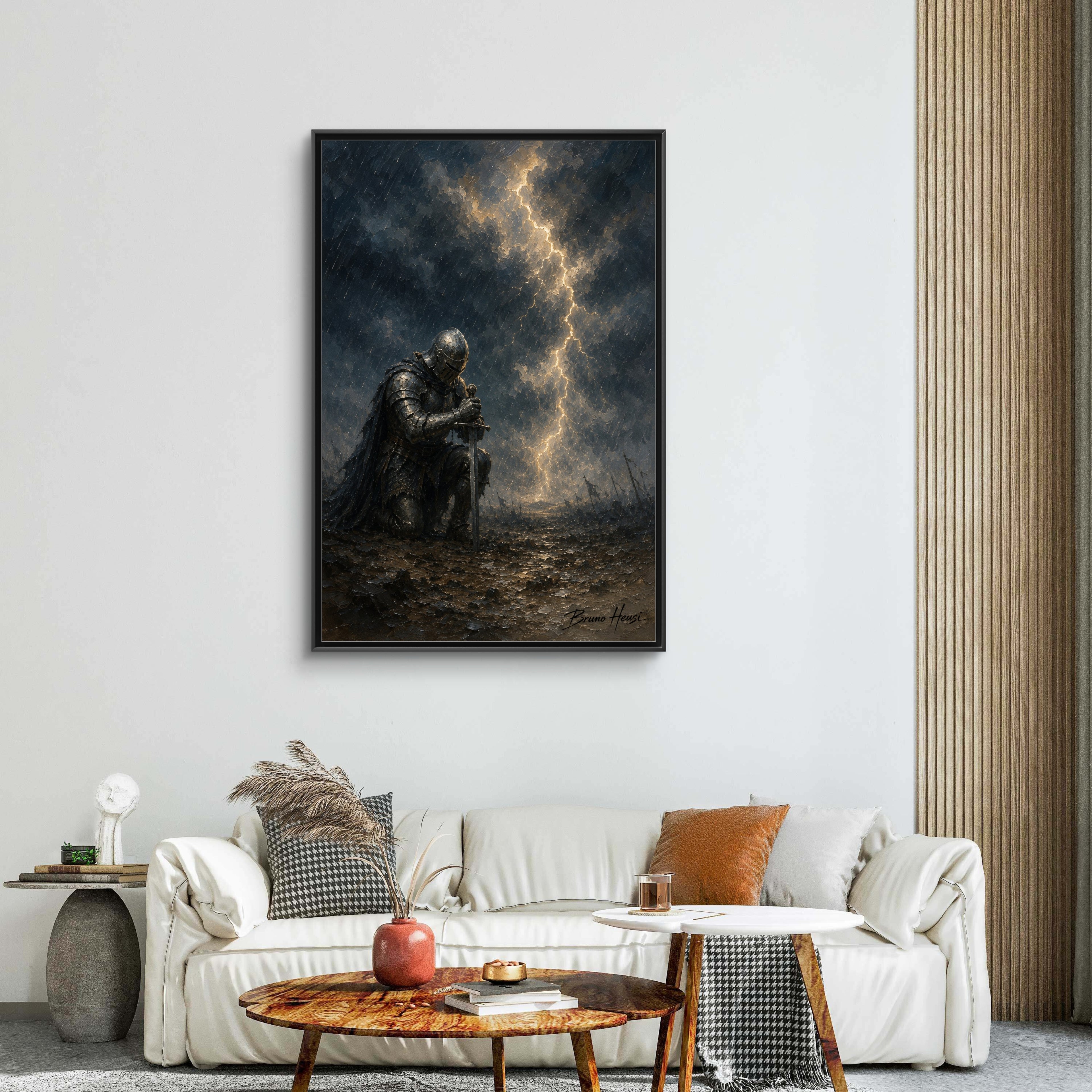 Knight in Thunderstorm Matte Framed Canvas — Dark Fantasy Wall Art