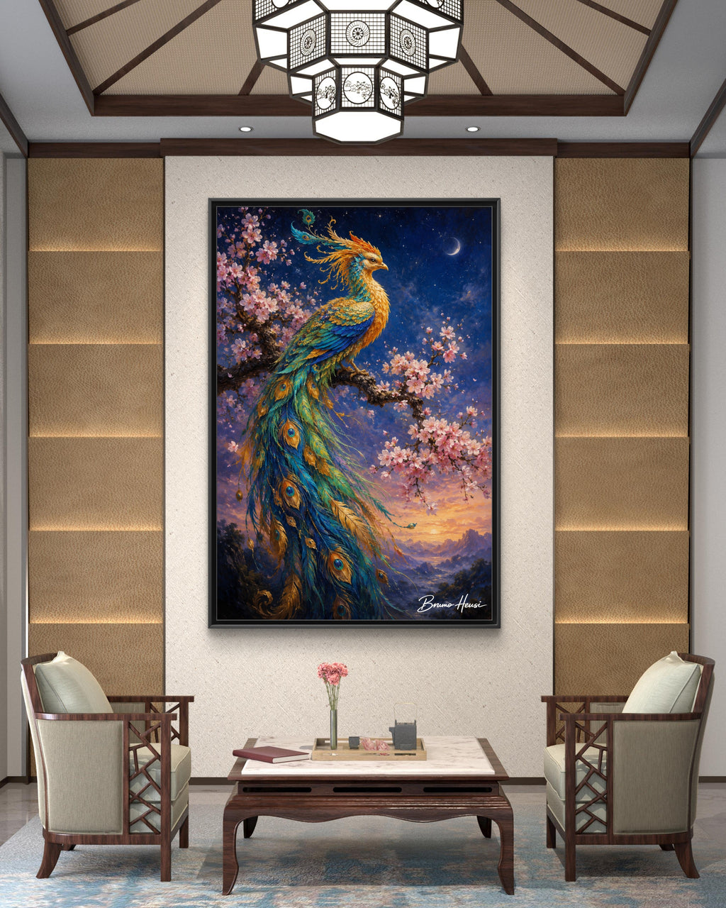 Framed Peacock Canvas Wall Art — Vibrant Fantasy Bird Print