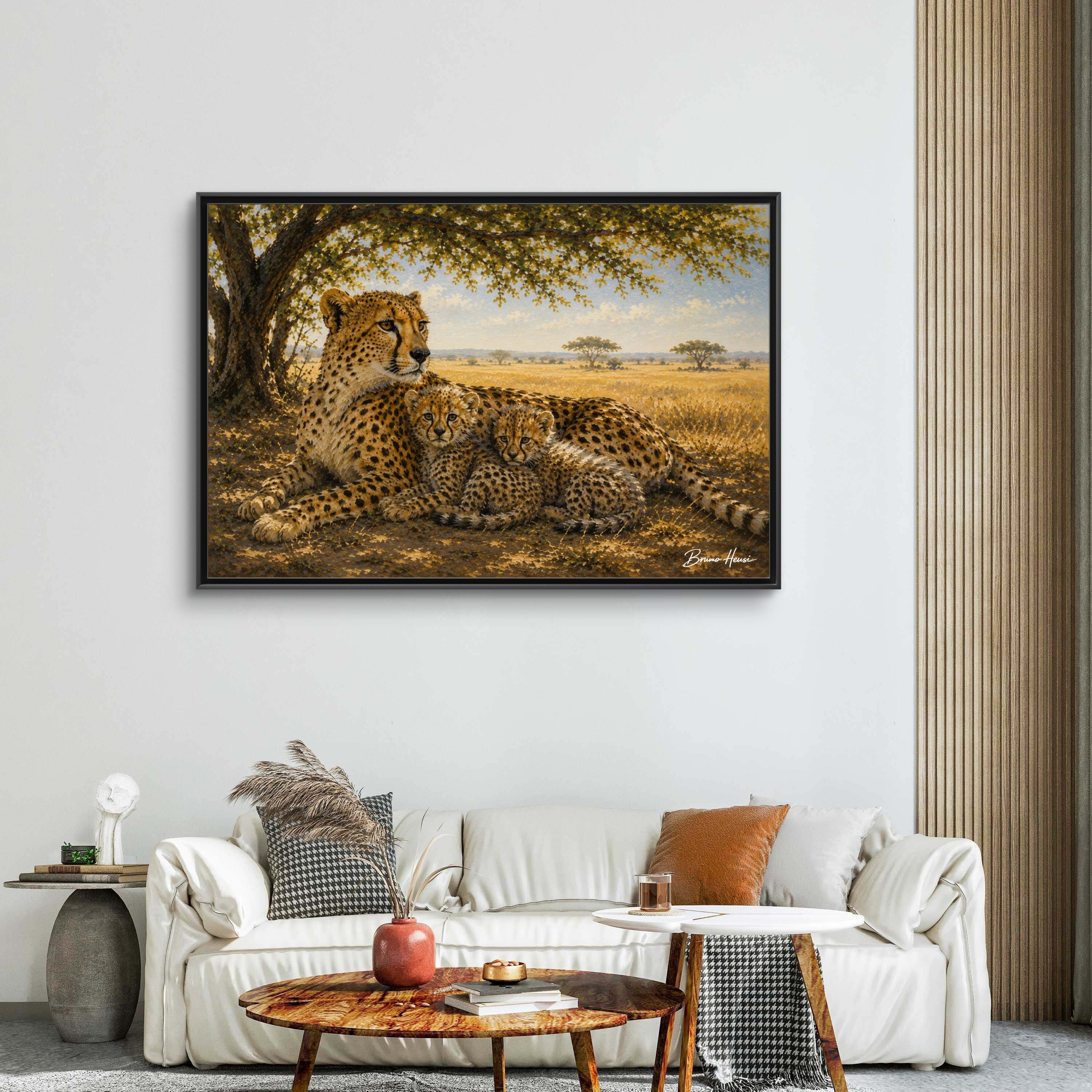 Cheetah Mother & Cubs Framed Canvas Wall Art – African Wildlife Safari Print