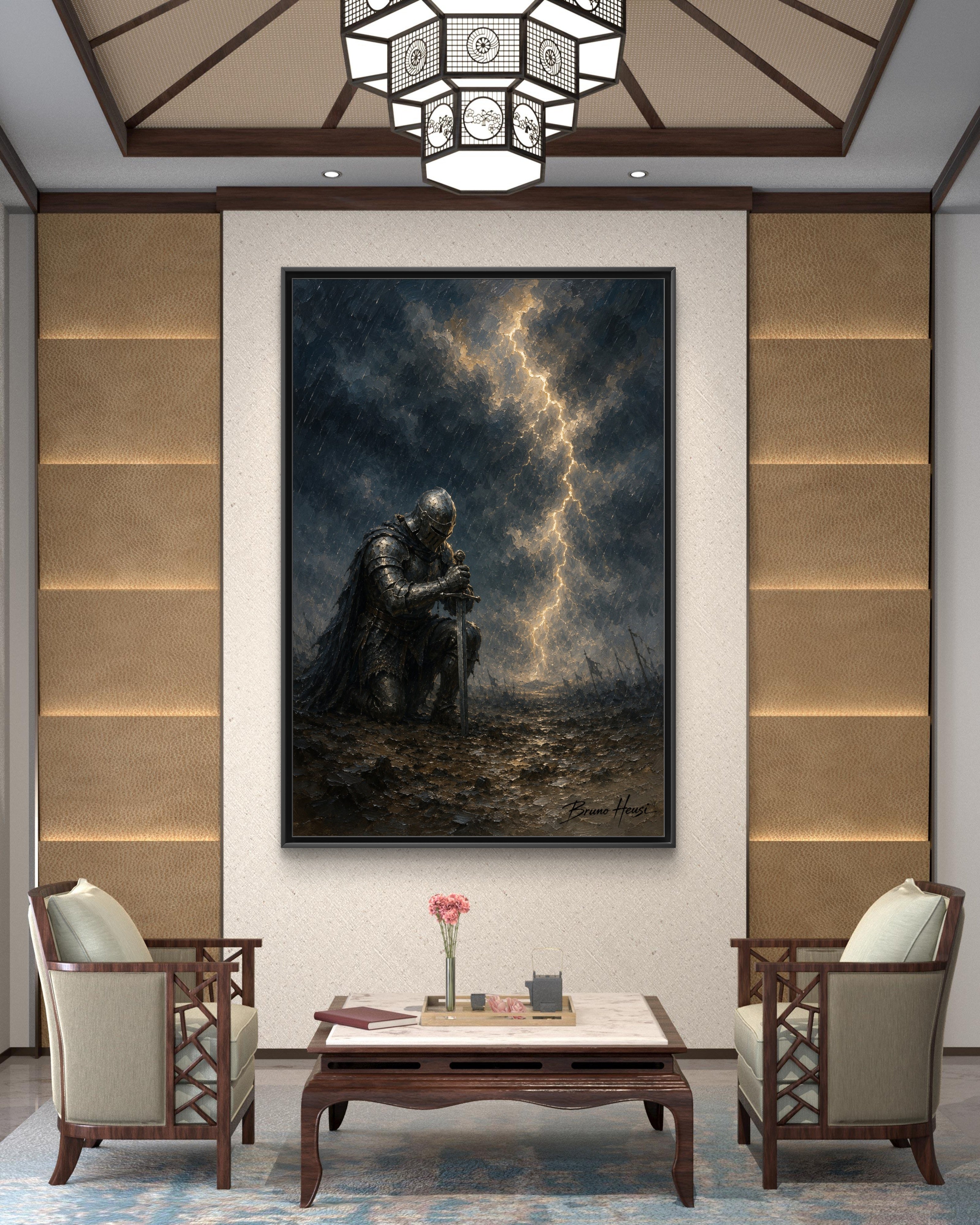 Knight in Thunderstorm Matte Framed Canvas — Dark Fantasy Wall Art