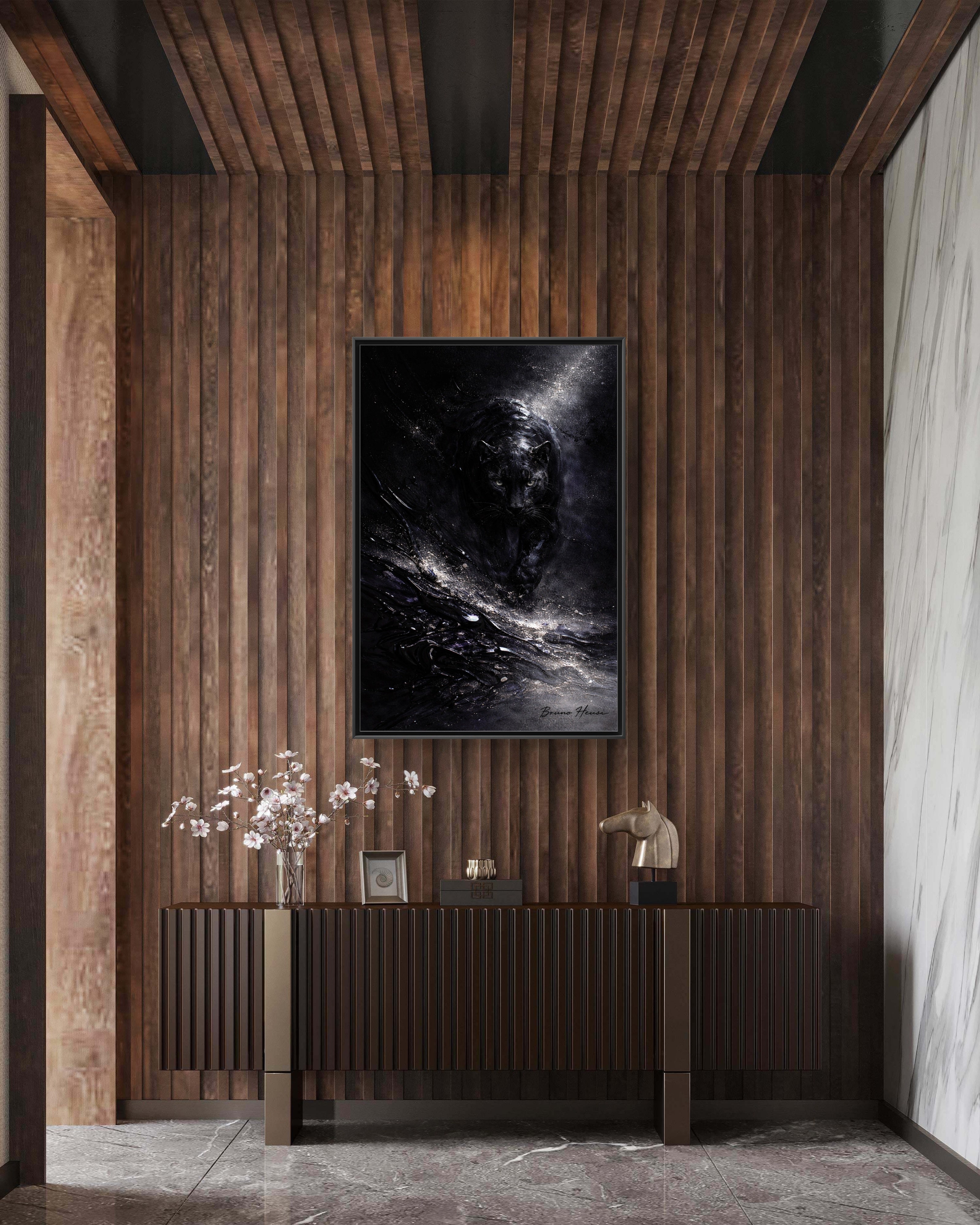 Cosmic Black Panther Matte Framed Canvas – Dark Abstract Wildlife Wall Art