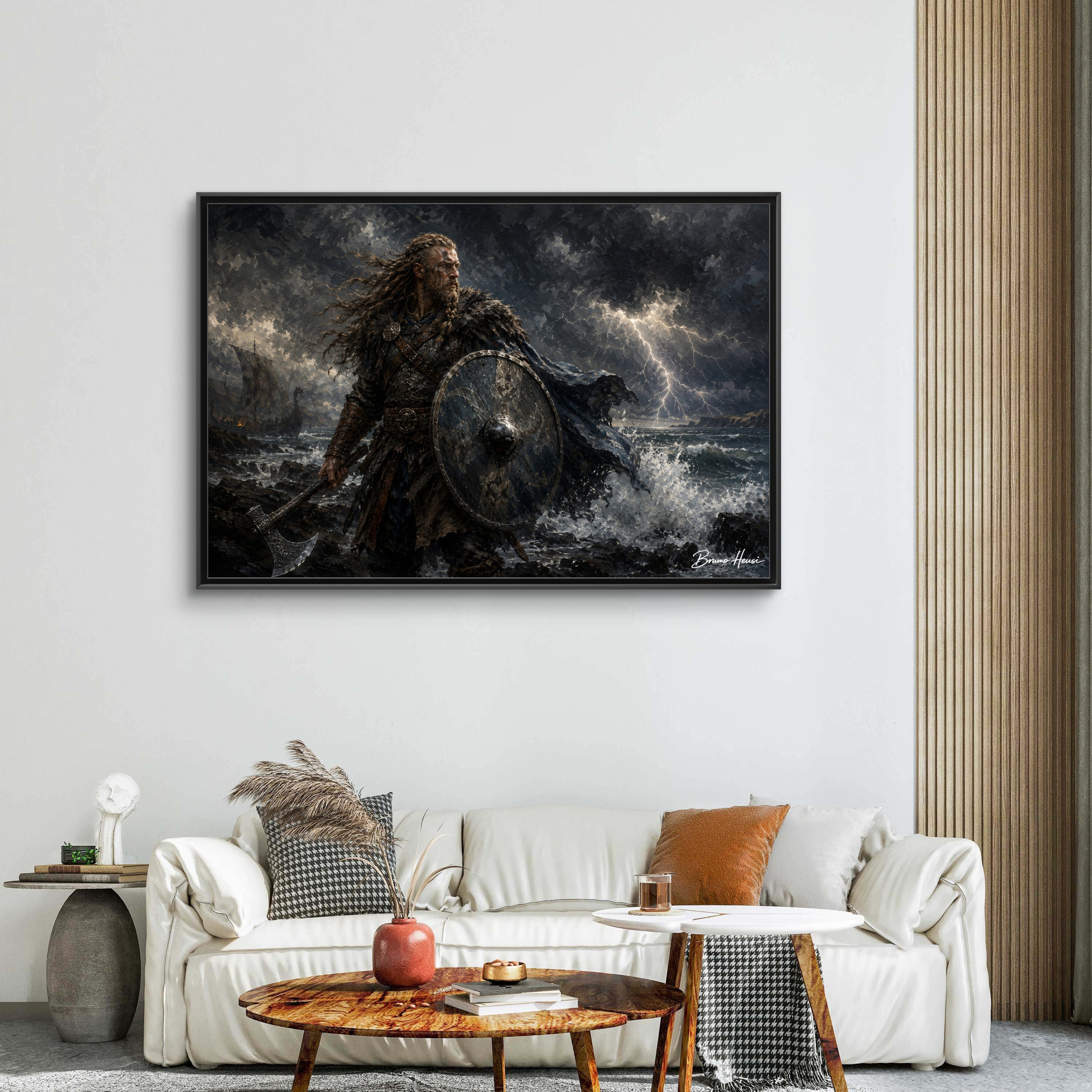 Viking Warrior Matte Framed Canvas Print — Stormy Norse Shield and Axe Wall Art