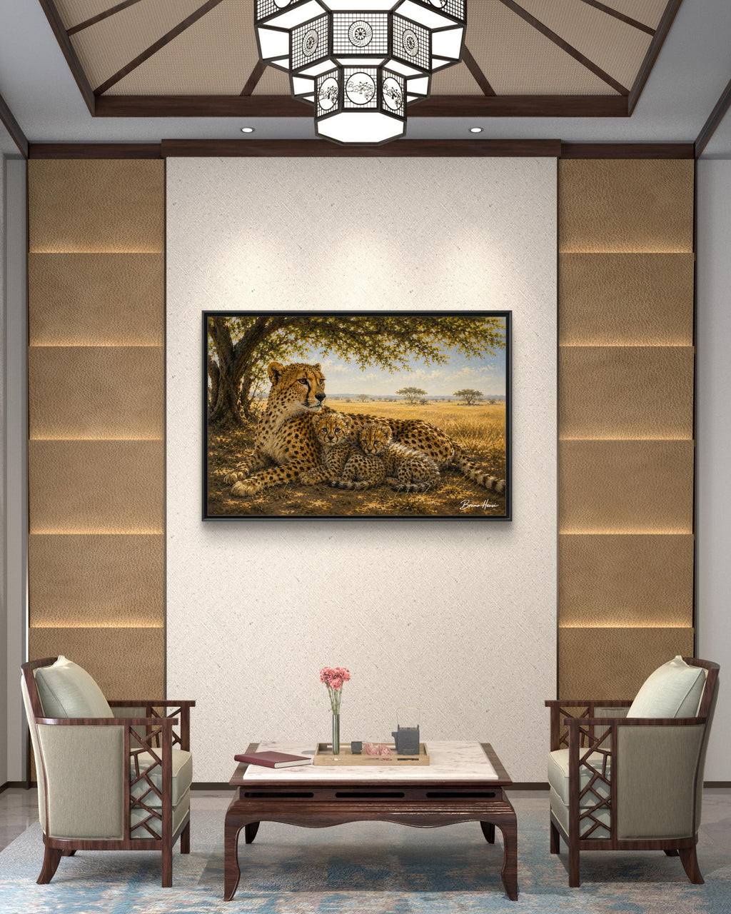 Cheetah Mother & Cubs Framed Canvas Wall Art – African Wildlife Safari Print