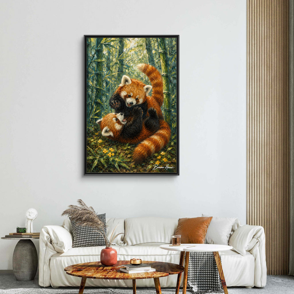 Red Panda Playtime Framed Canvas Wall Art — Playful Wildlife Print