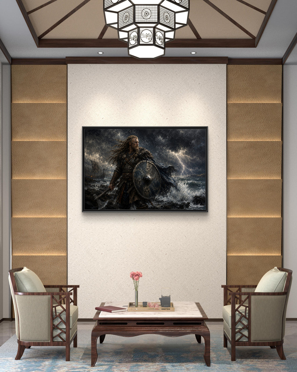 Viking Warrior Matte Framed Canvas Print — Stormy Norse Shield and Axe Wall Art