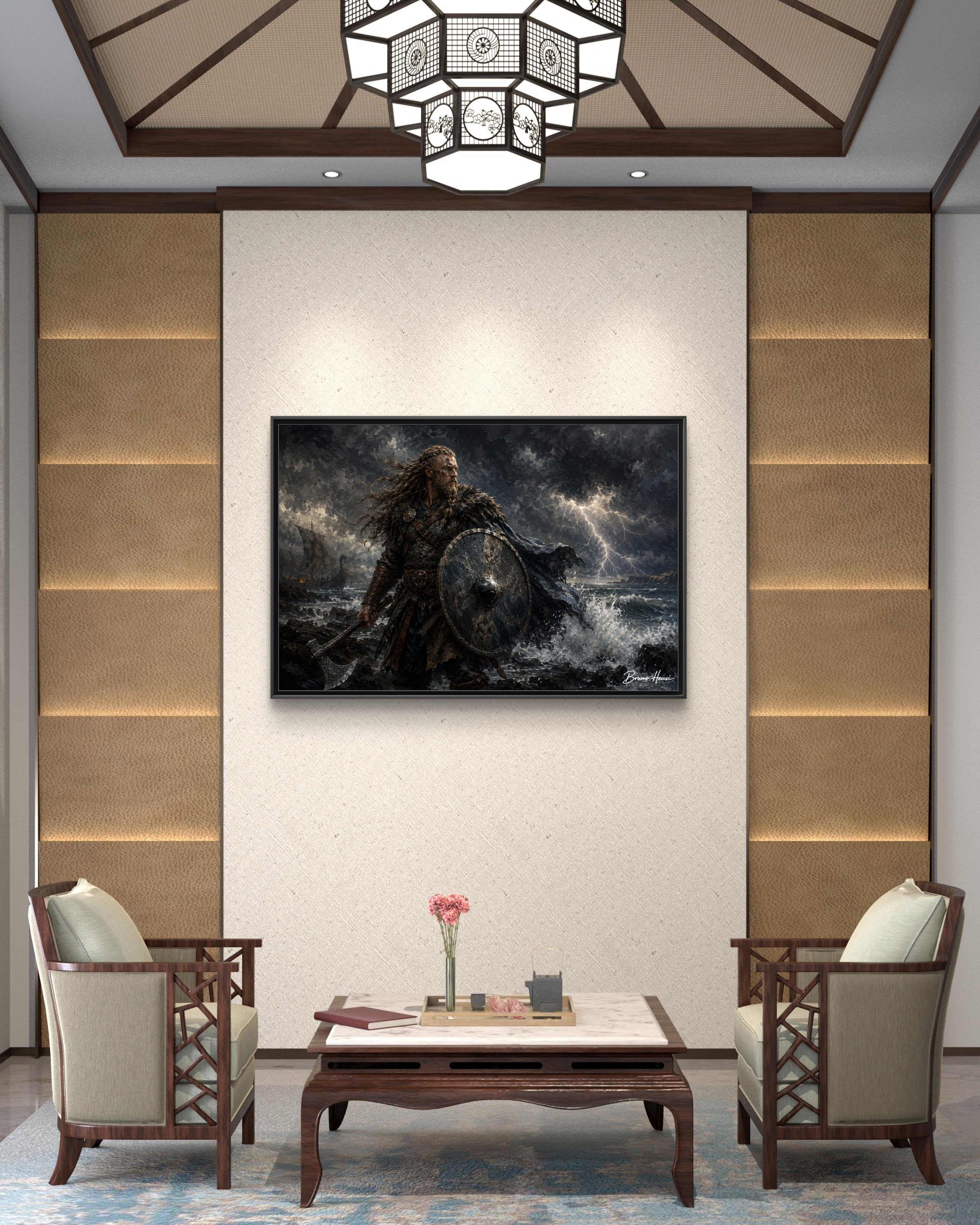 Viking Warrior Matte Framed Canvas Print — Stormy Norse Shield and Axe Wall Art