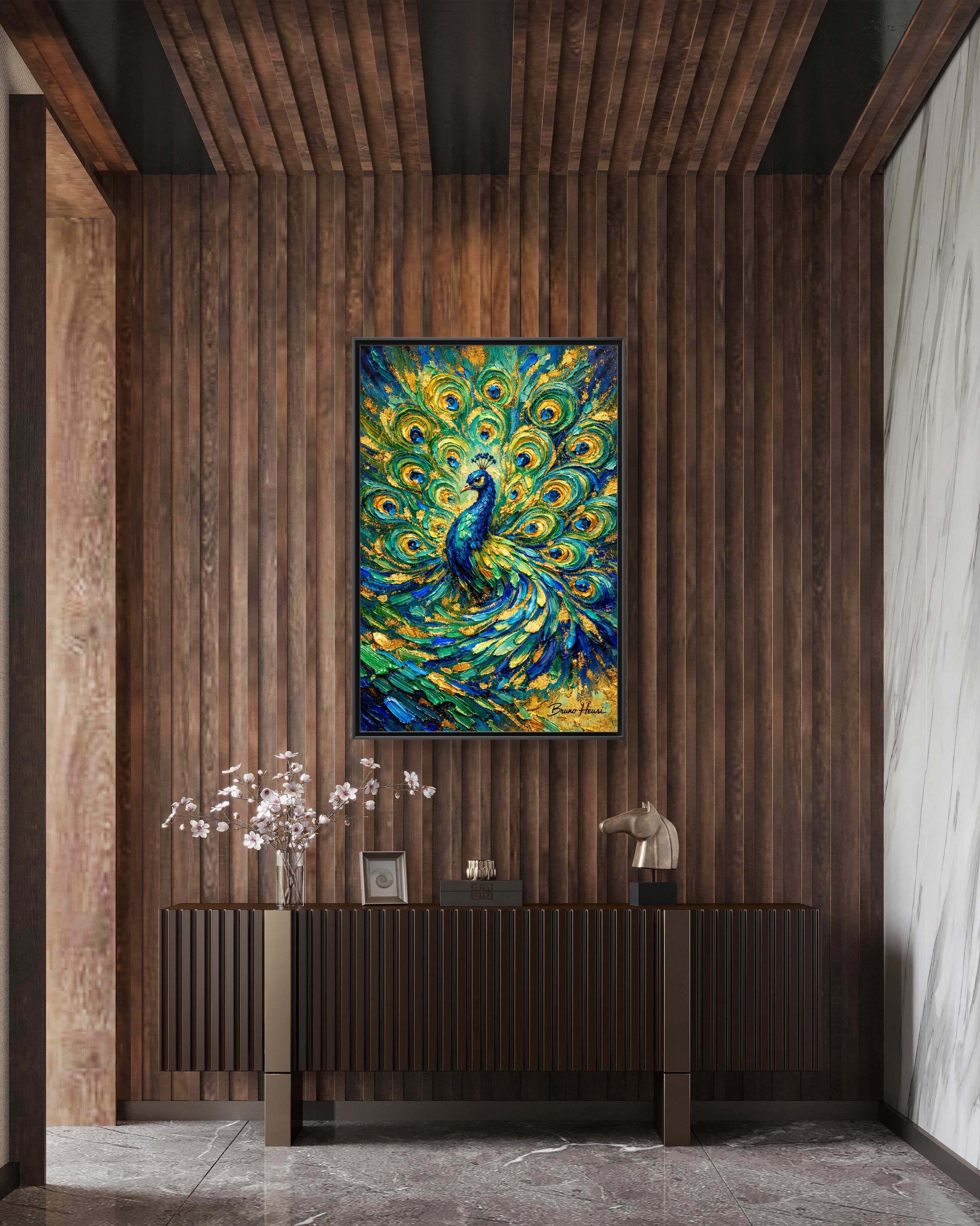 Peacock Oil-Style Framed Canvas Wall Art — Vibrant Blue & Gold Peacock Painting