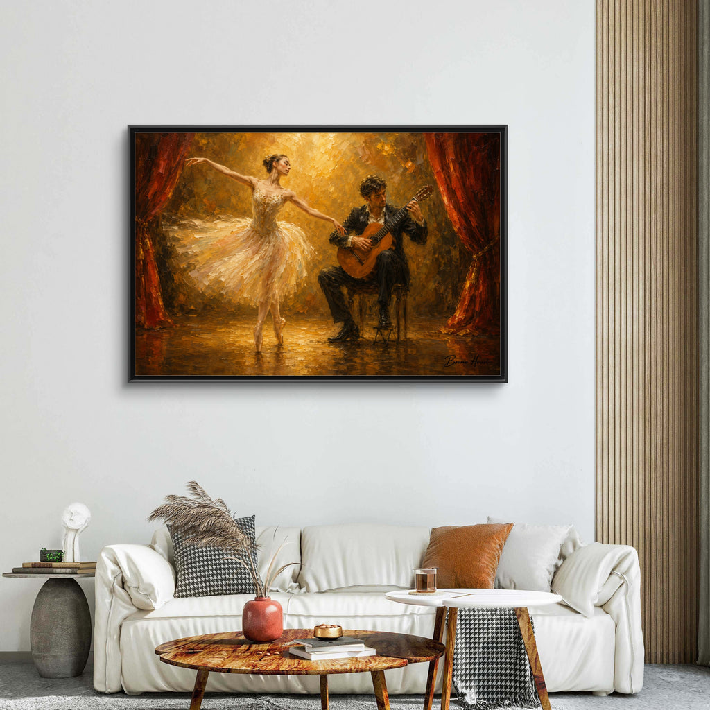Ballet Dancer & Guitarist Framed Canvas Wall Art — Oil-Style Performance Print