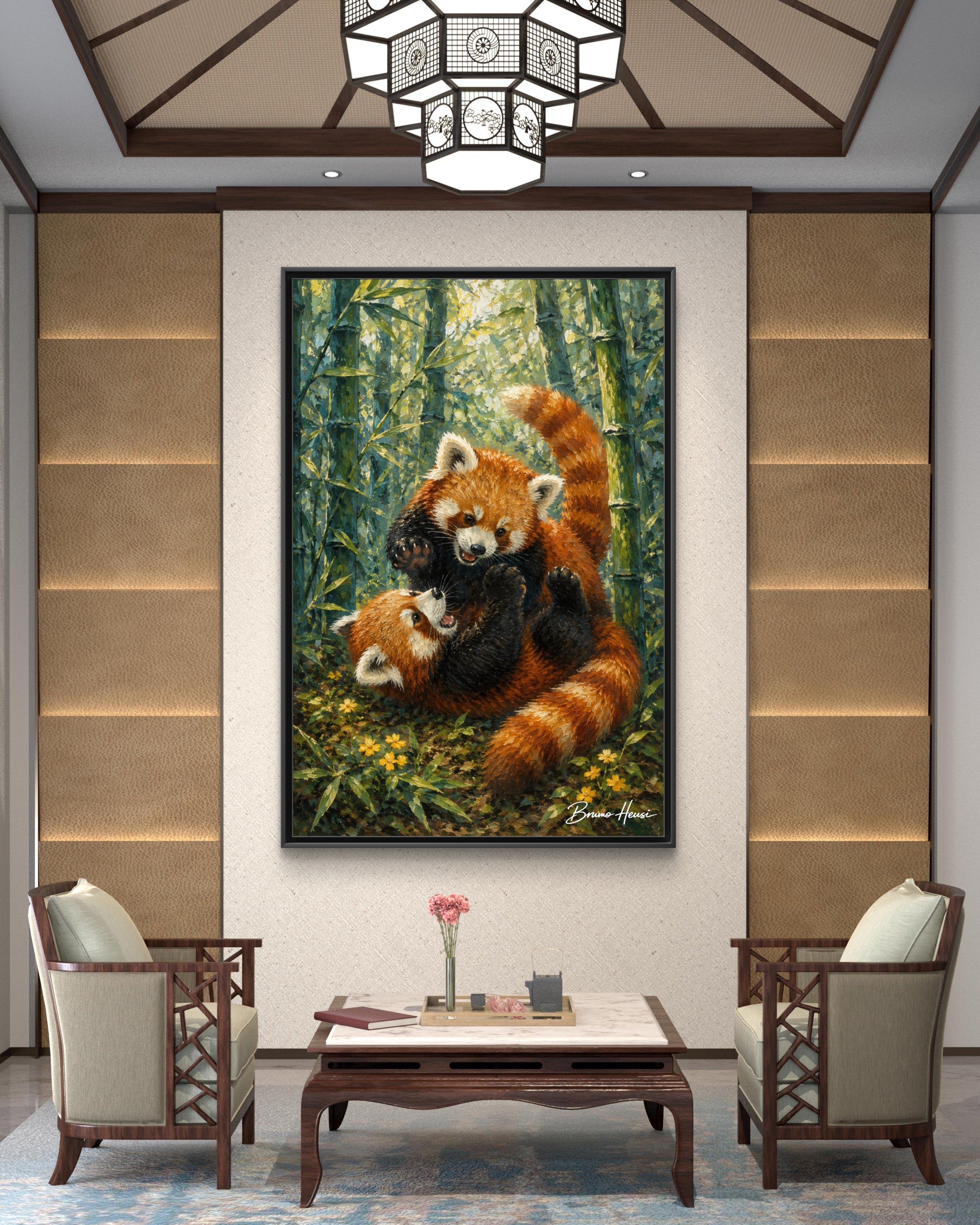 Red Panda Playtime Framed Canvas Wall Art — Playful Wildlife Print
