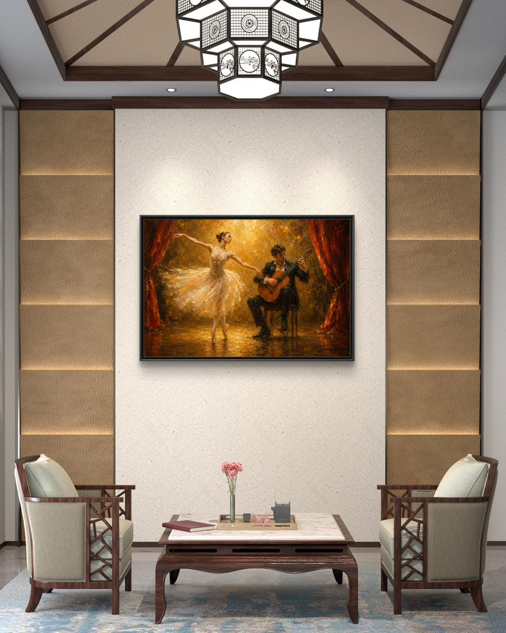 Ballet Dancer & Guitarist Framed Canvas Wall Art — Oil-Style Performance Print