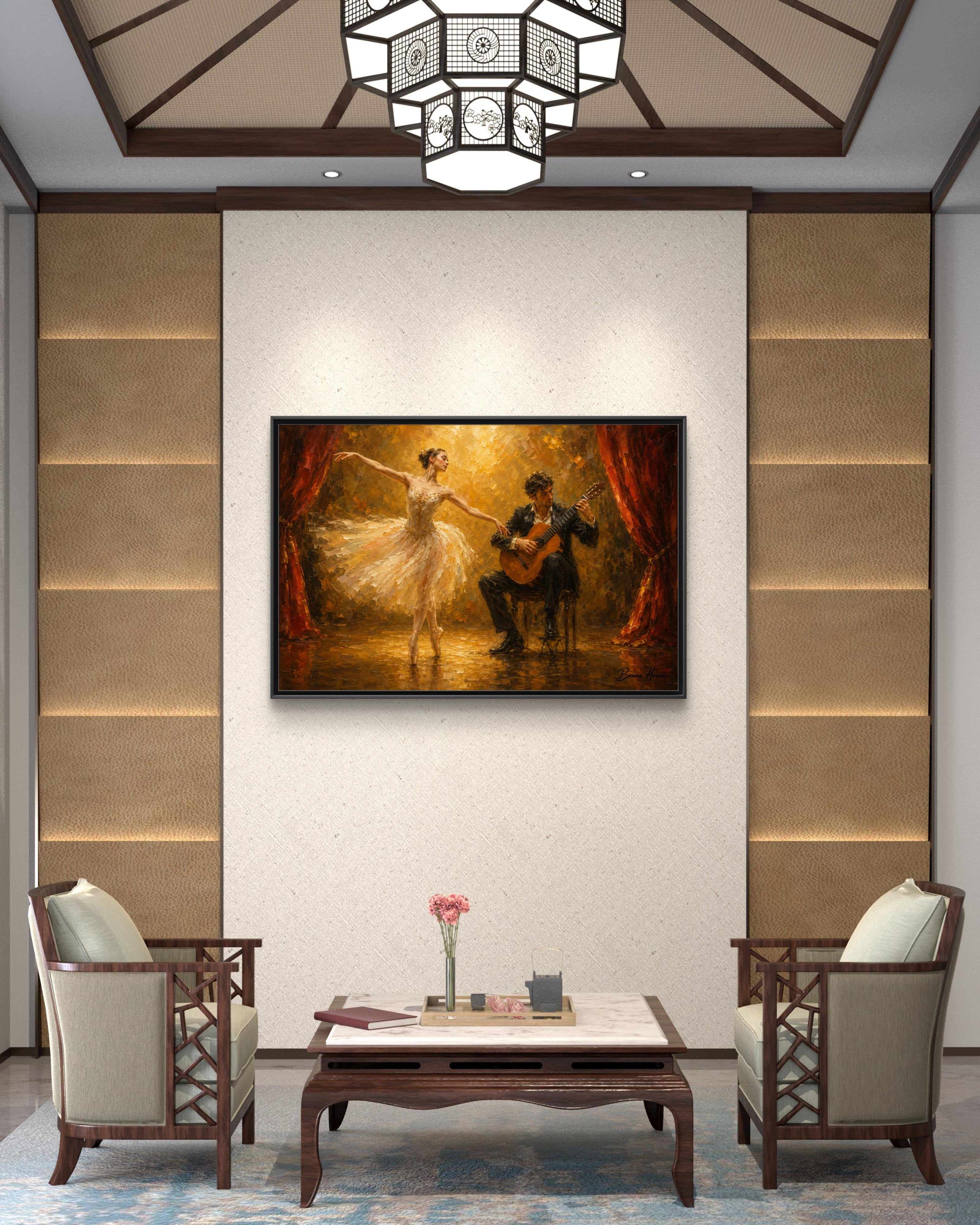Ballet Dancer & Guitarist Framed Canvas Wall Art — Oil-Style Performance Print