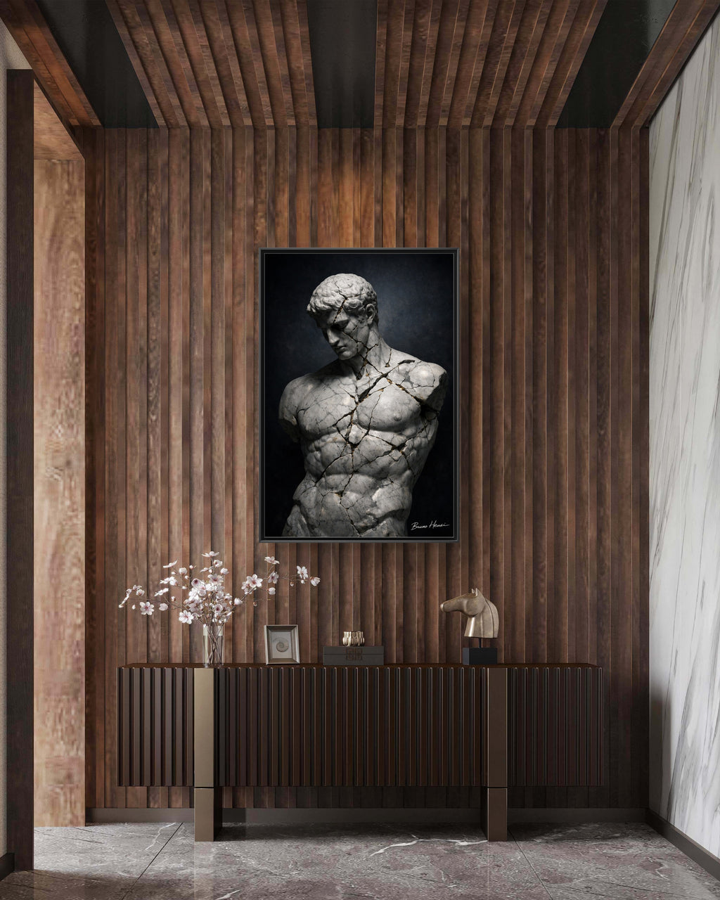 Cracked Marble Bust Framed Canvas Wall Art — Classical Sculpture Print