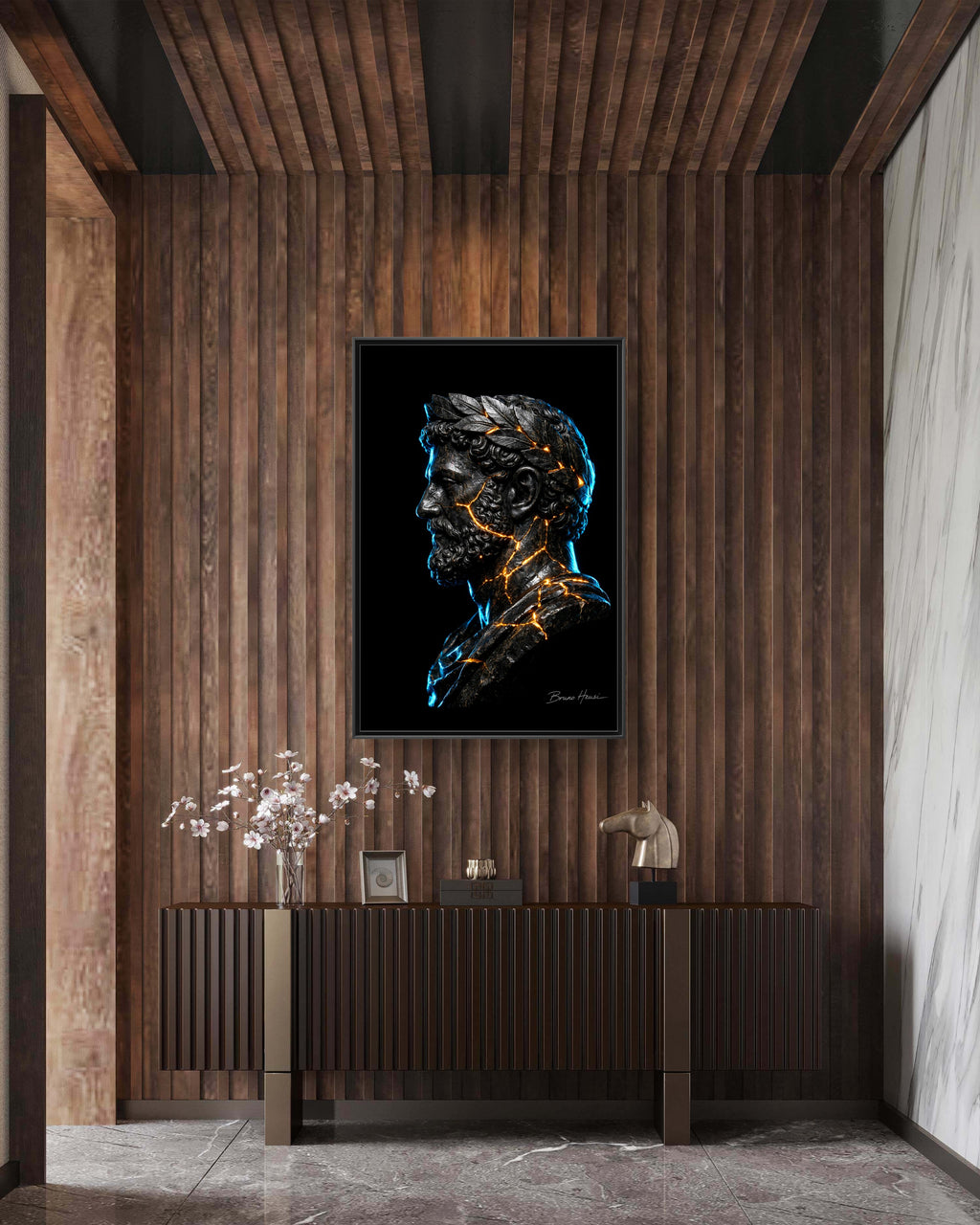 Roman Emperor Neon Bust Framed Canvas Wall Art — Modern Sculpture Print