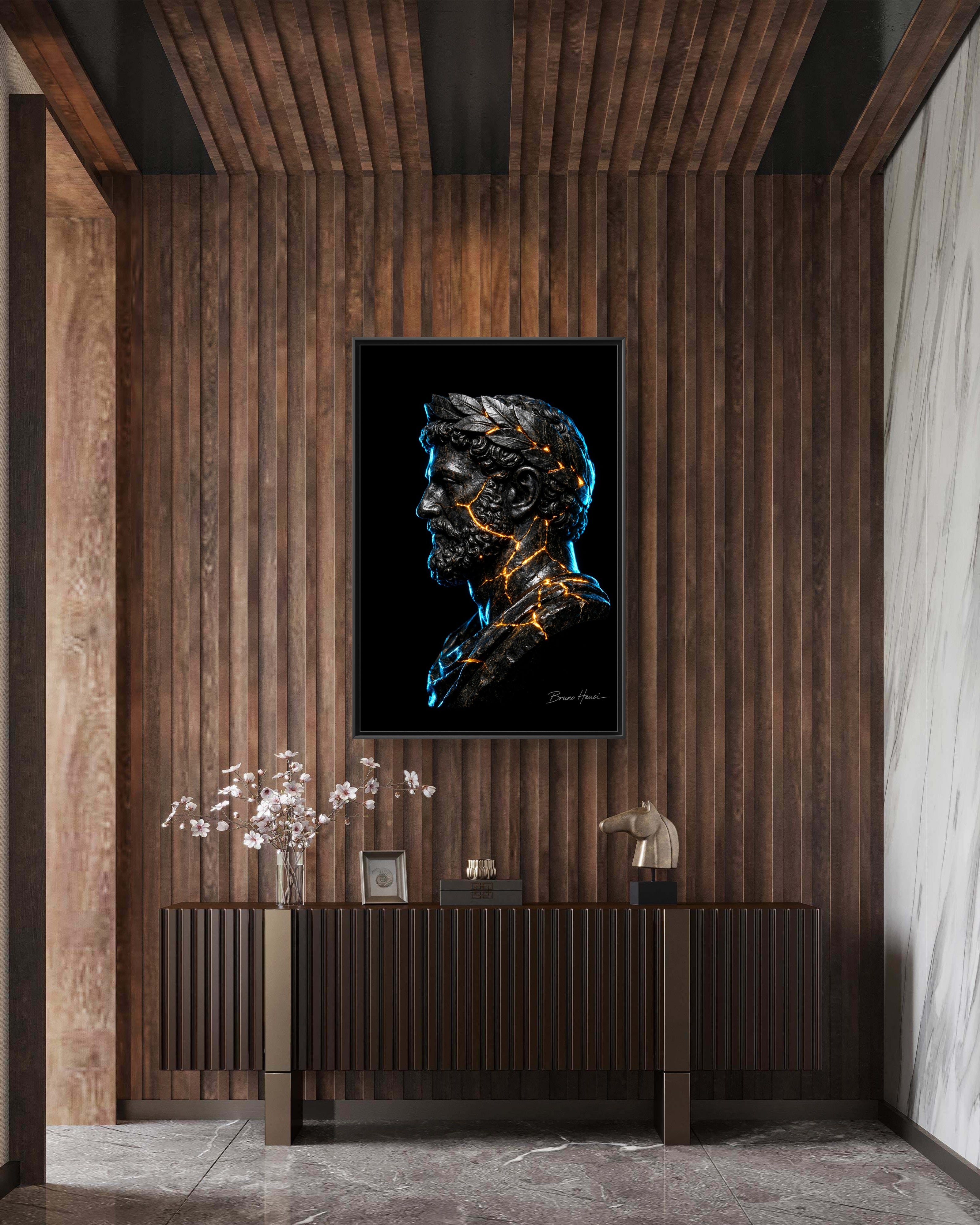Roman Emperor Neon Bust Framed Canvas Wall Art — Modern Sculpture Print