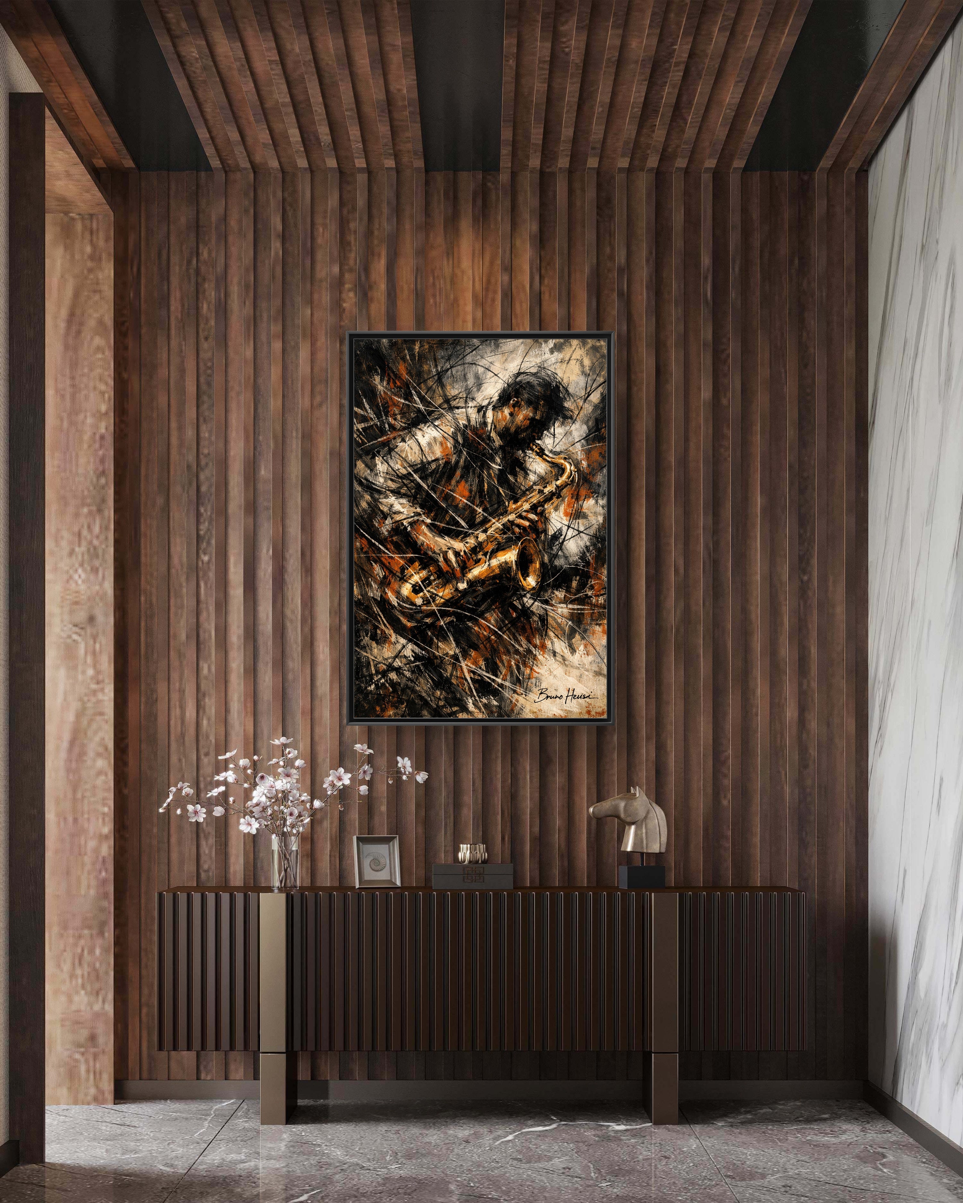 Saxophone Jazz Musician Framed Canvas Wall Art — Abstract Music Print