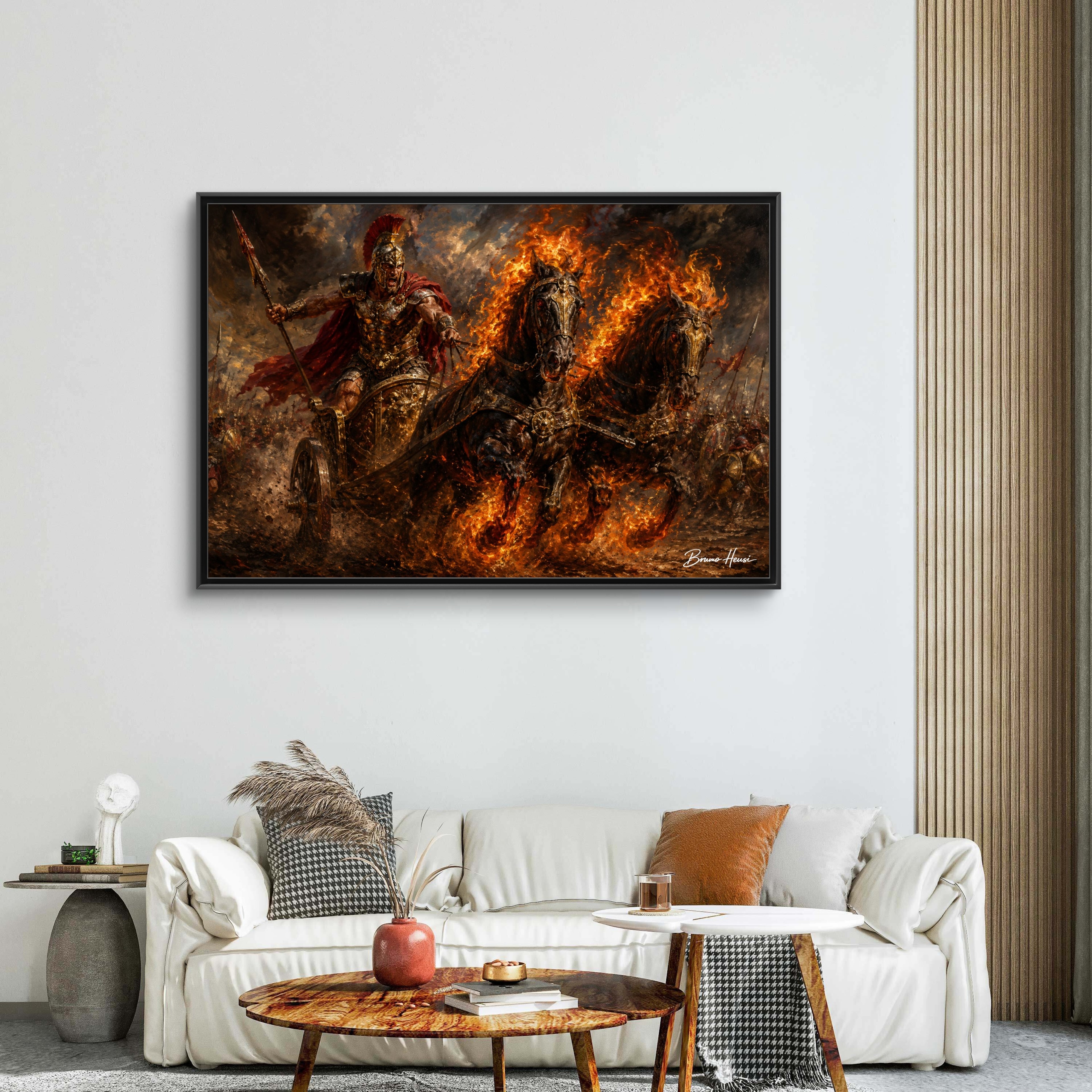 Flaming Chariot Framed Canvas Wall Art — Mythic Warrior Matte Print