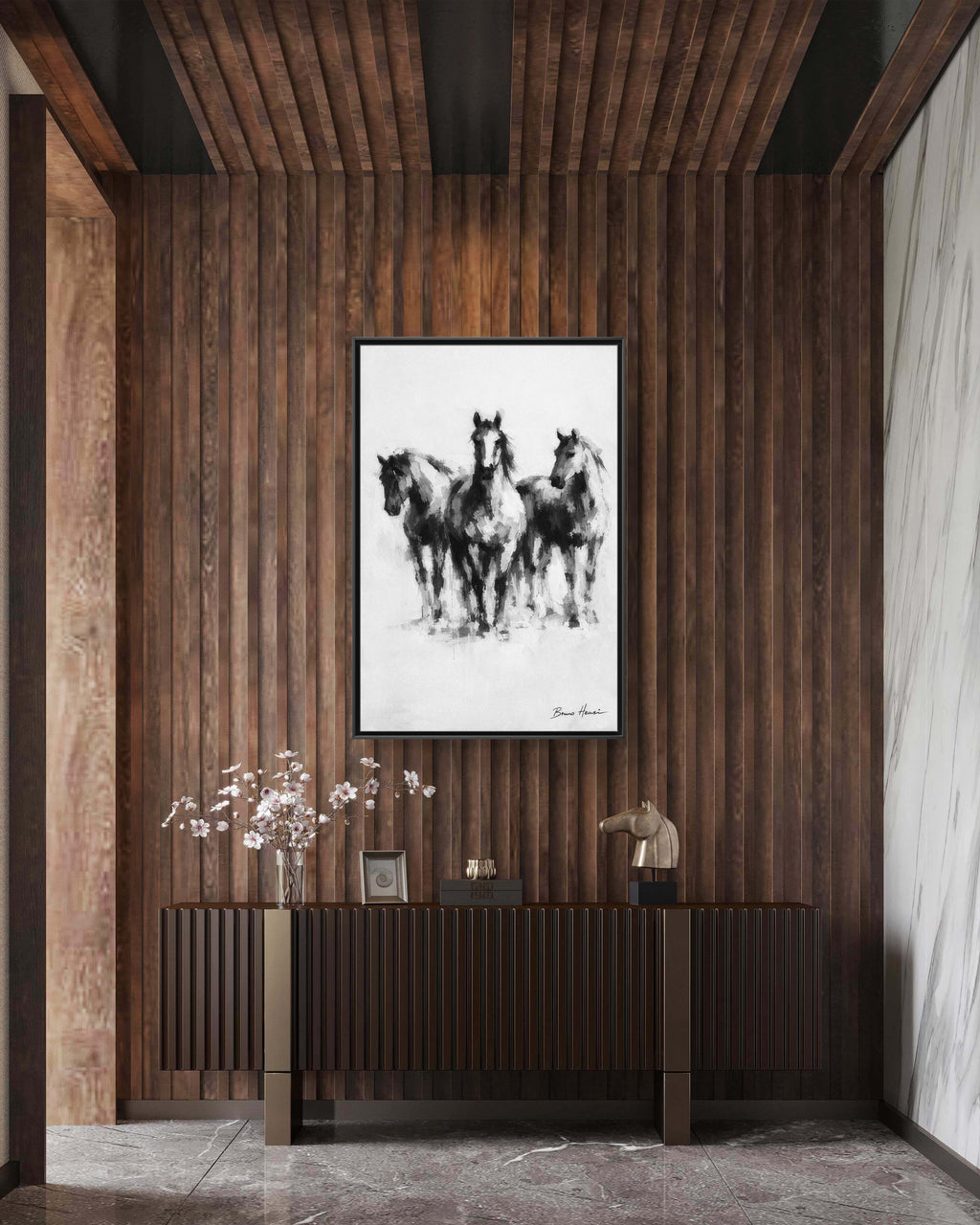 Framed Matte Canvas Print – Three Galloping Horses Black & White Wall Art