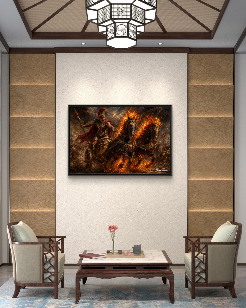 Flaming Chariot Framed Canvas Wall Art — Mythic Warrior Matte Print