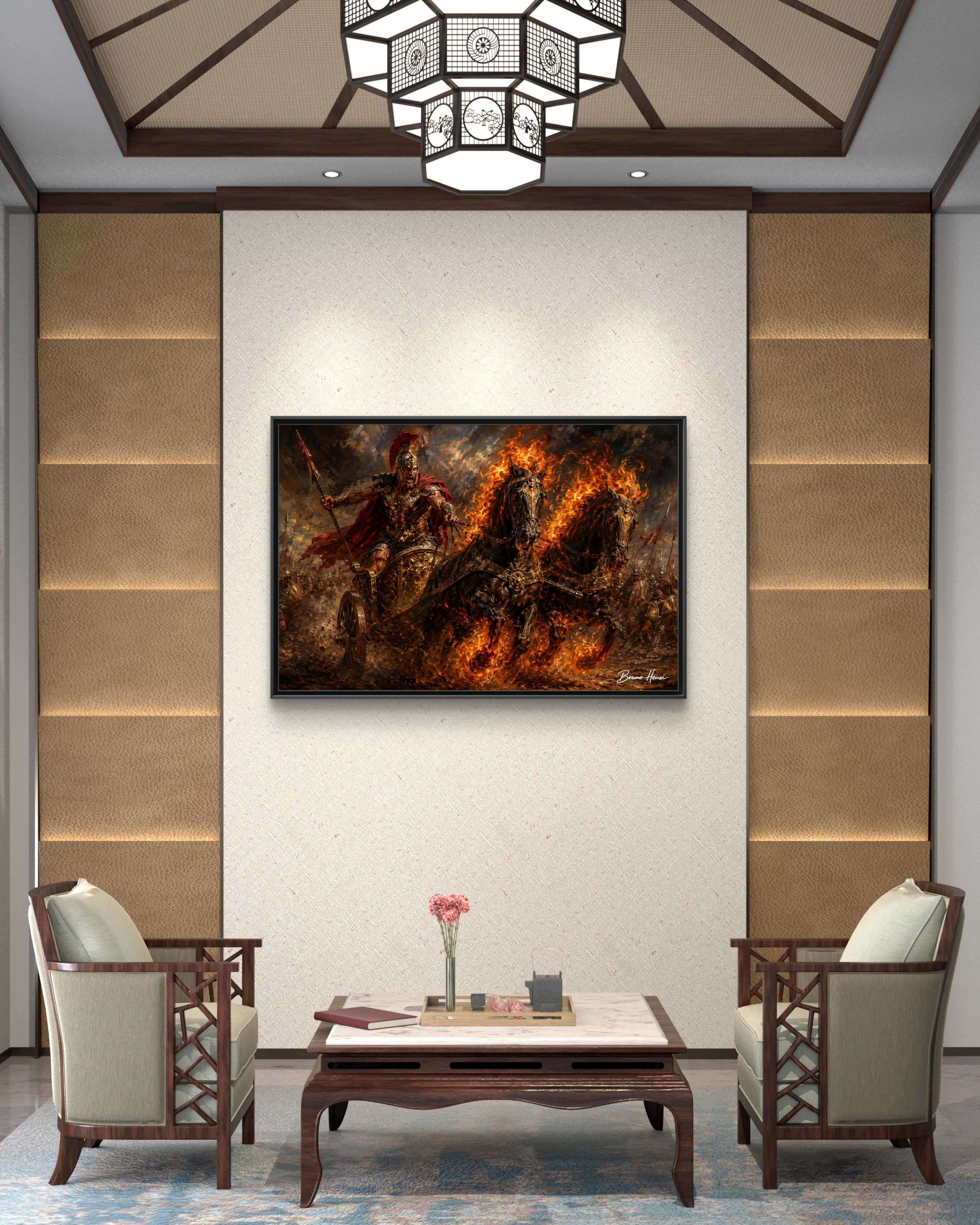 Flaming Chariot Framed Canvas Wall Art — Mythic Warrior Matte Print