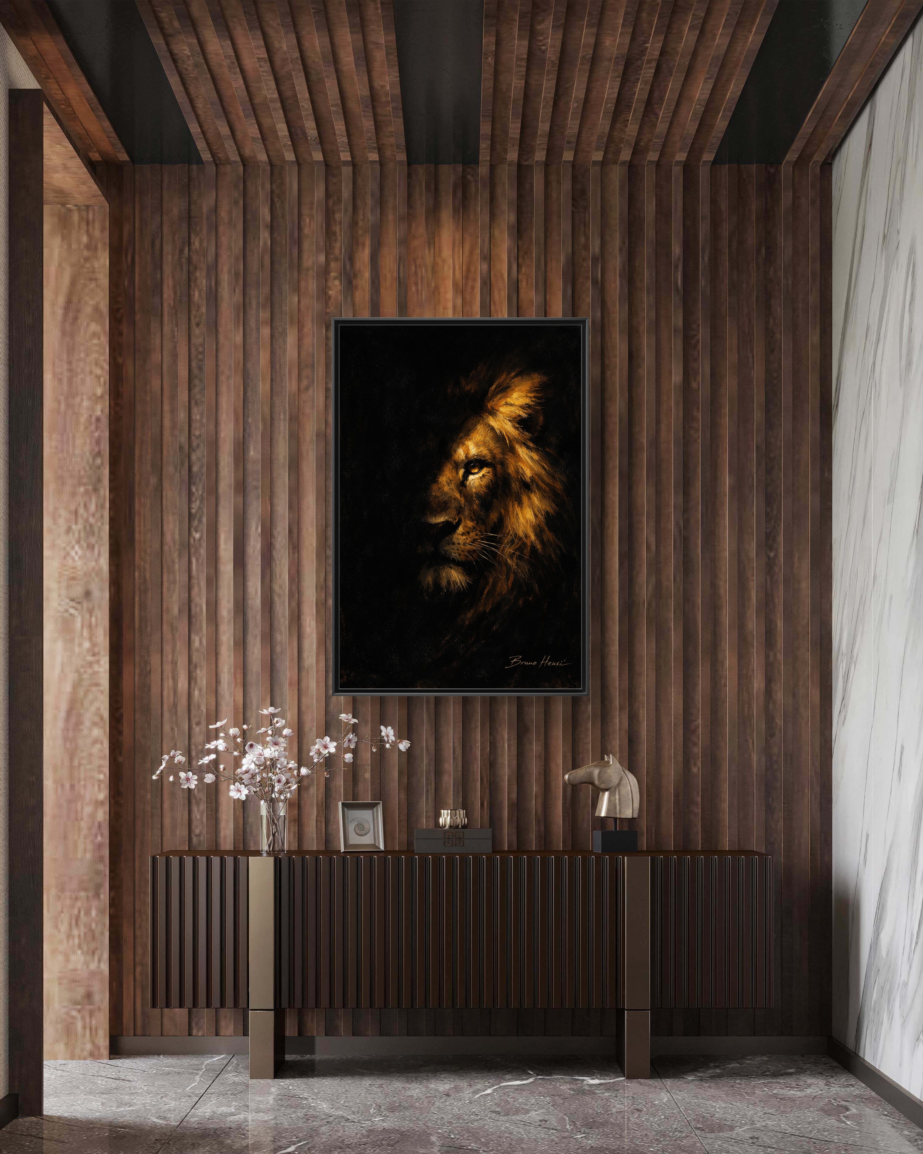 Majestic Lion Portrait Framed Canvas Wall Art — Golden Mane on Black Matte Print