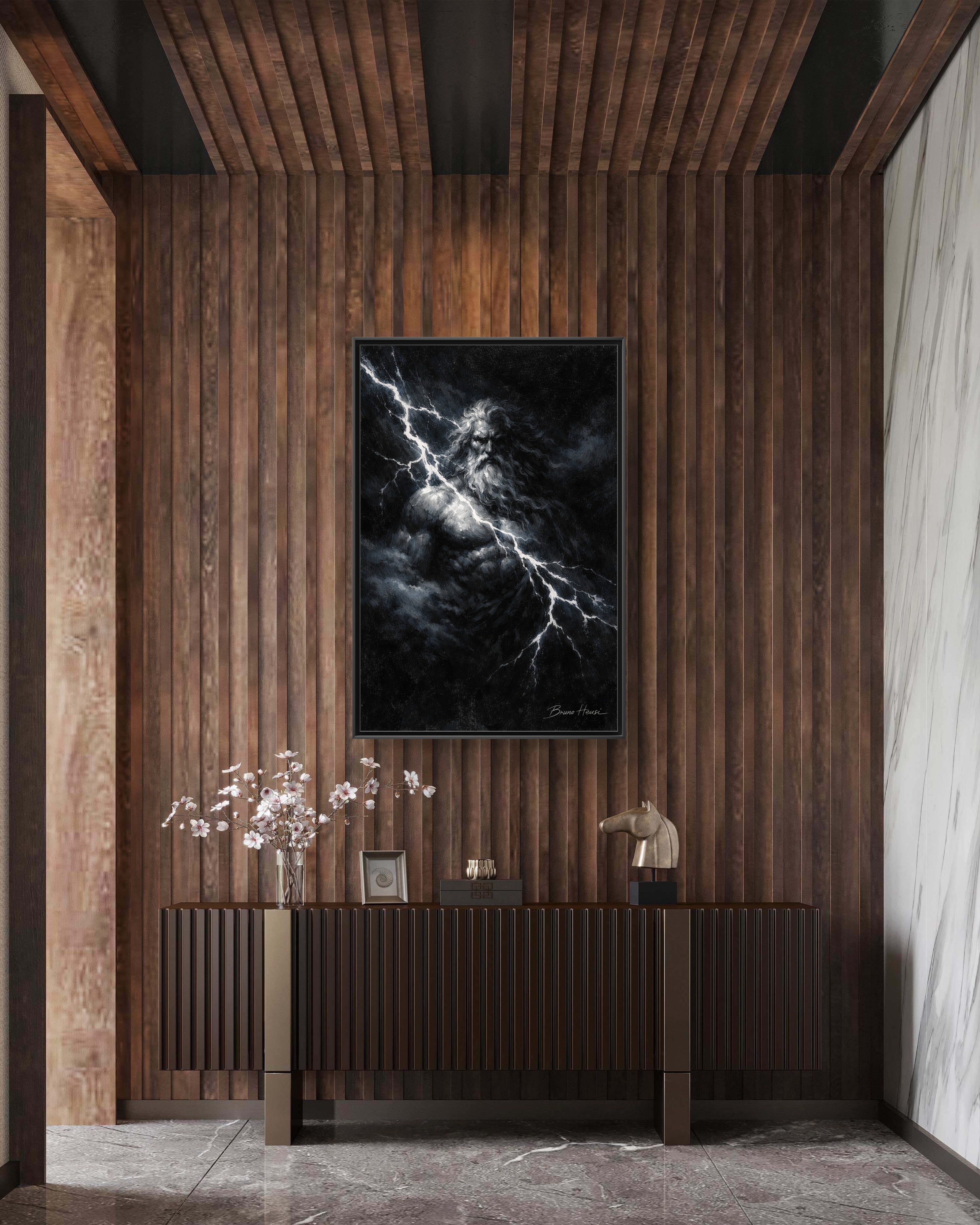 Zeus Lightning God Framed Canvas Wall Art — Stormy Mythology Print
