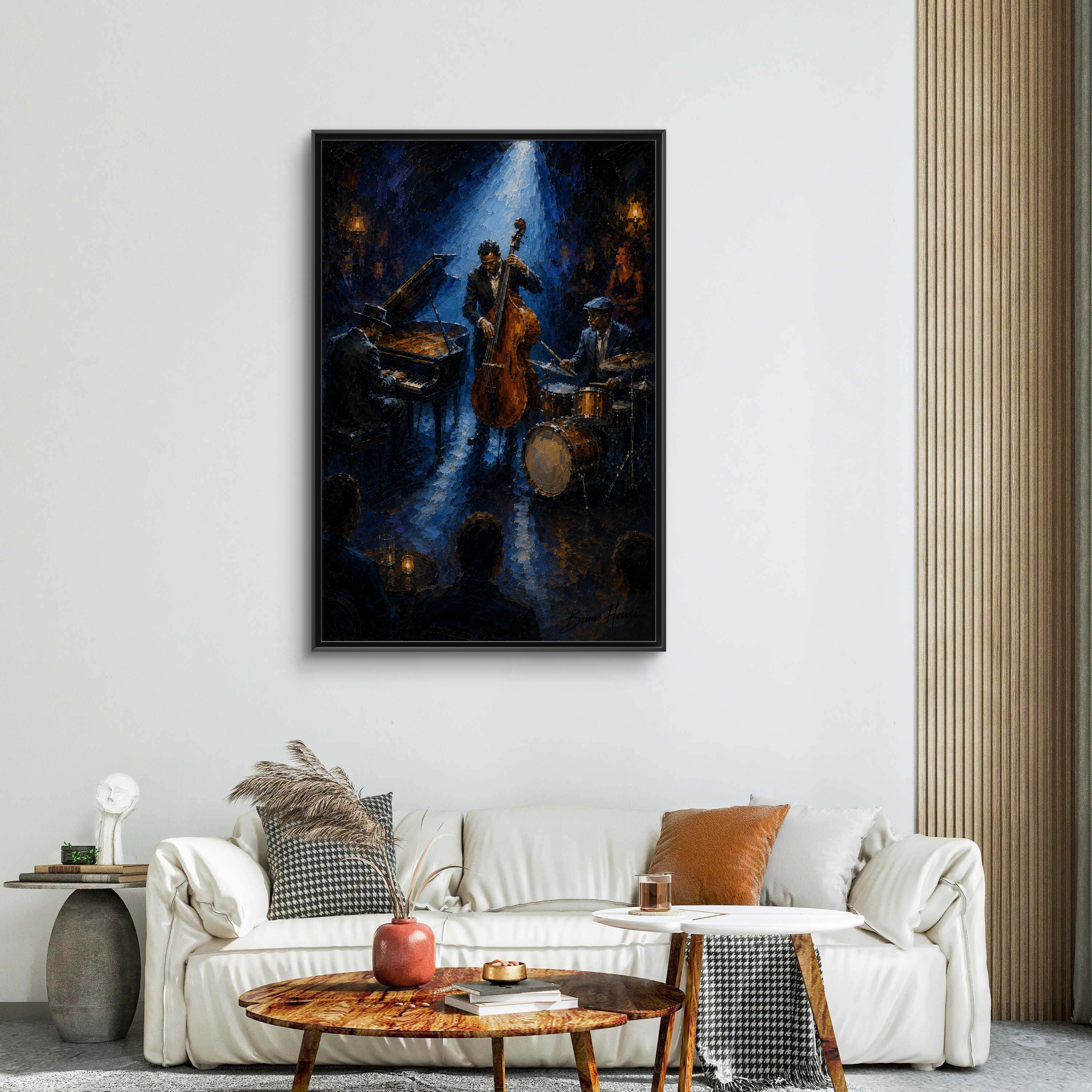 Framed Jazz Quartet Canvas Wall Art – Moody Blue Music Scene