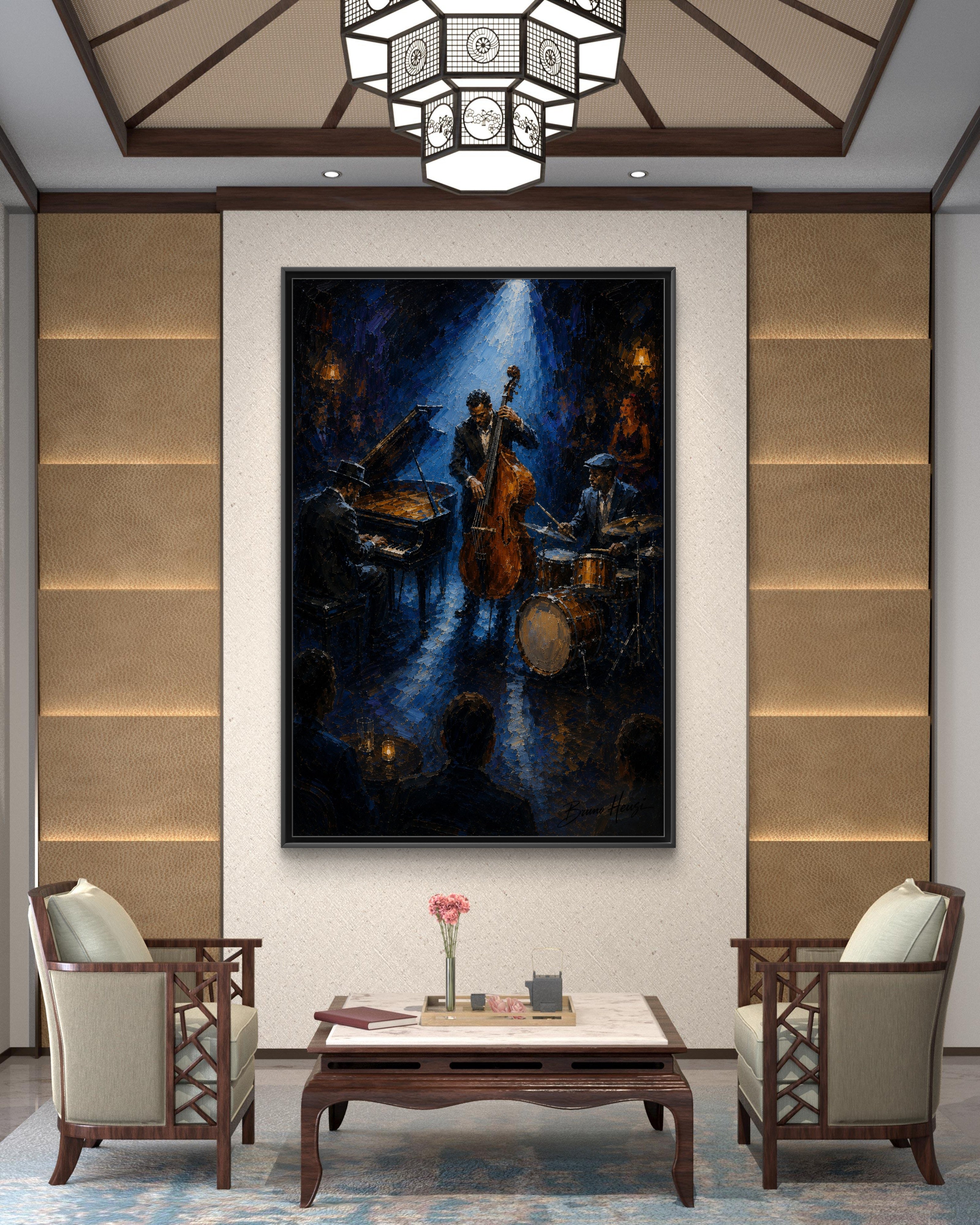 Framed Jazz Quartet Canvas Wall Art – Moody Blue Music Scene