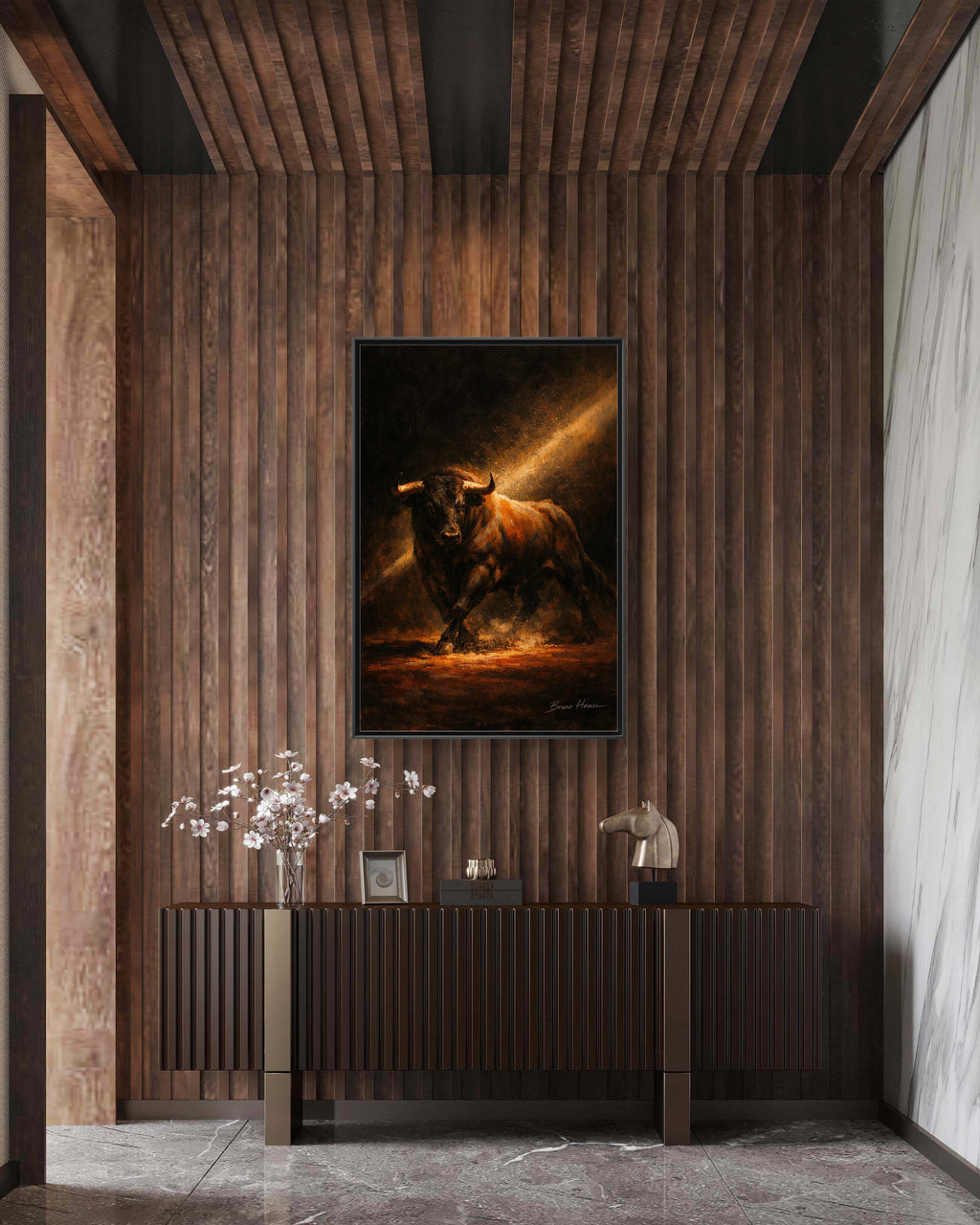 Framed Matte Canvas Art - Dramatic Charging Bull Painting