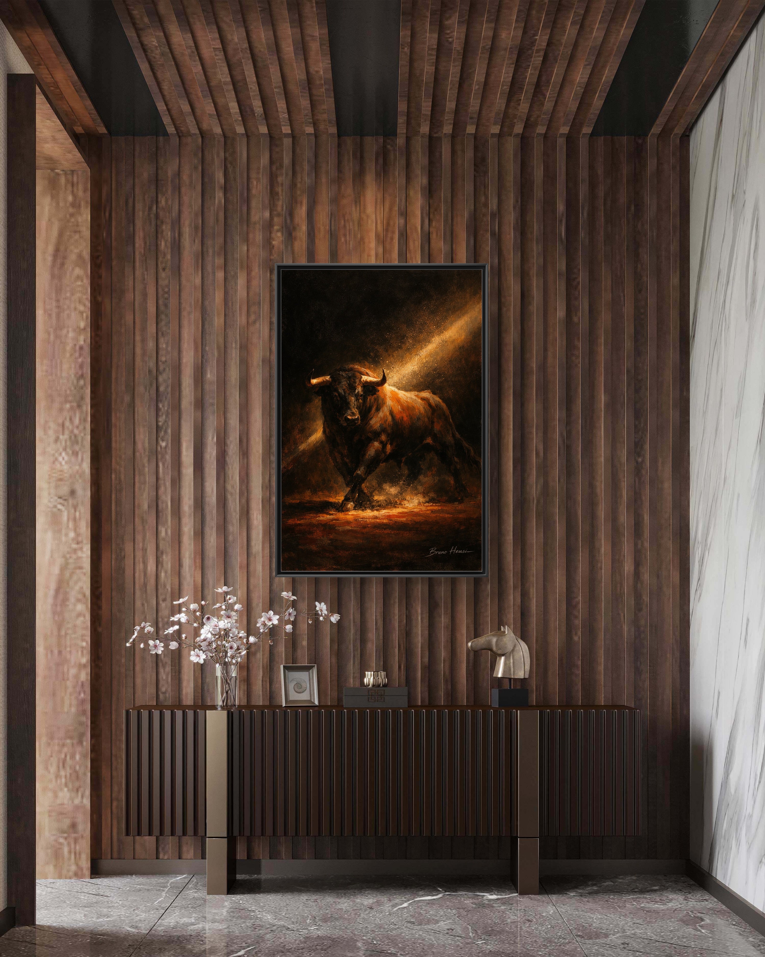 Framed Matte Canvas Art - Dramatic Charging Bull Painting