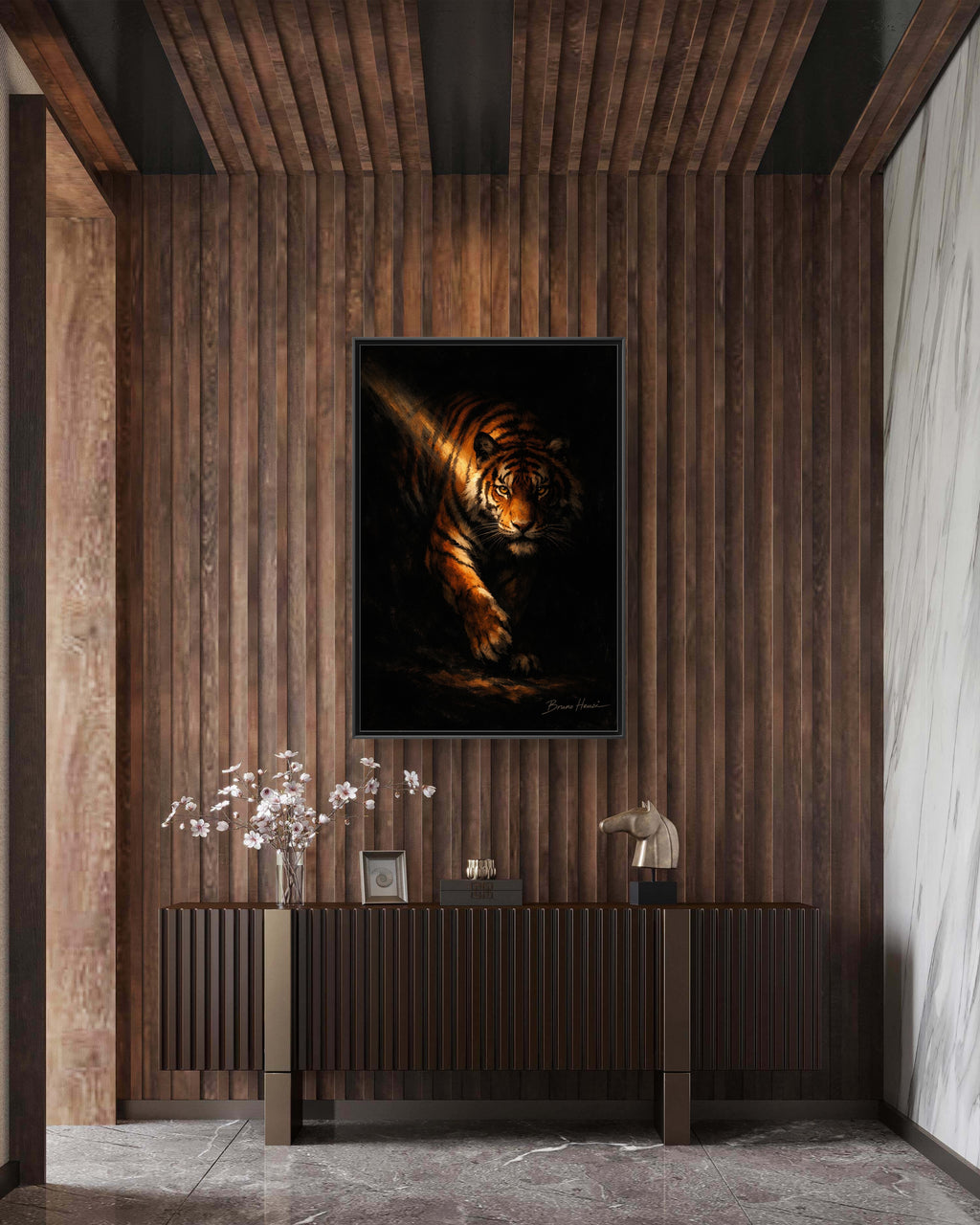 Tiger in the Shadows Matte Framed Canvas Print — Dramatic Wildlife Wall Art