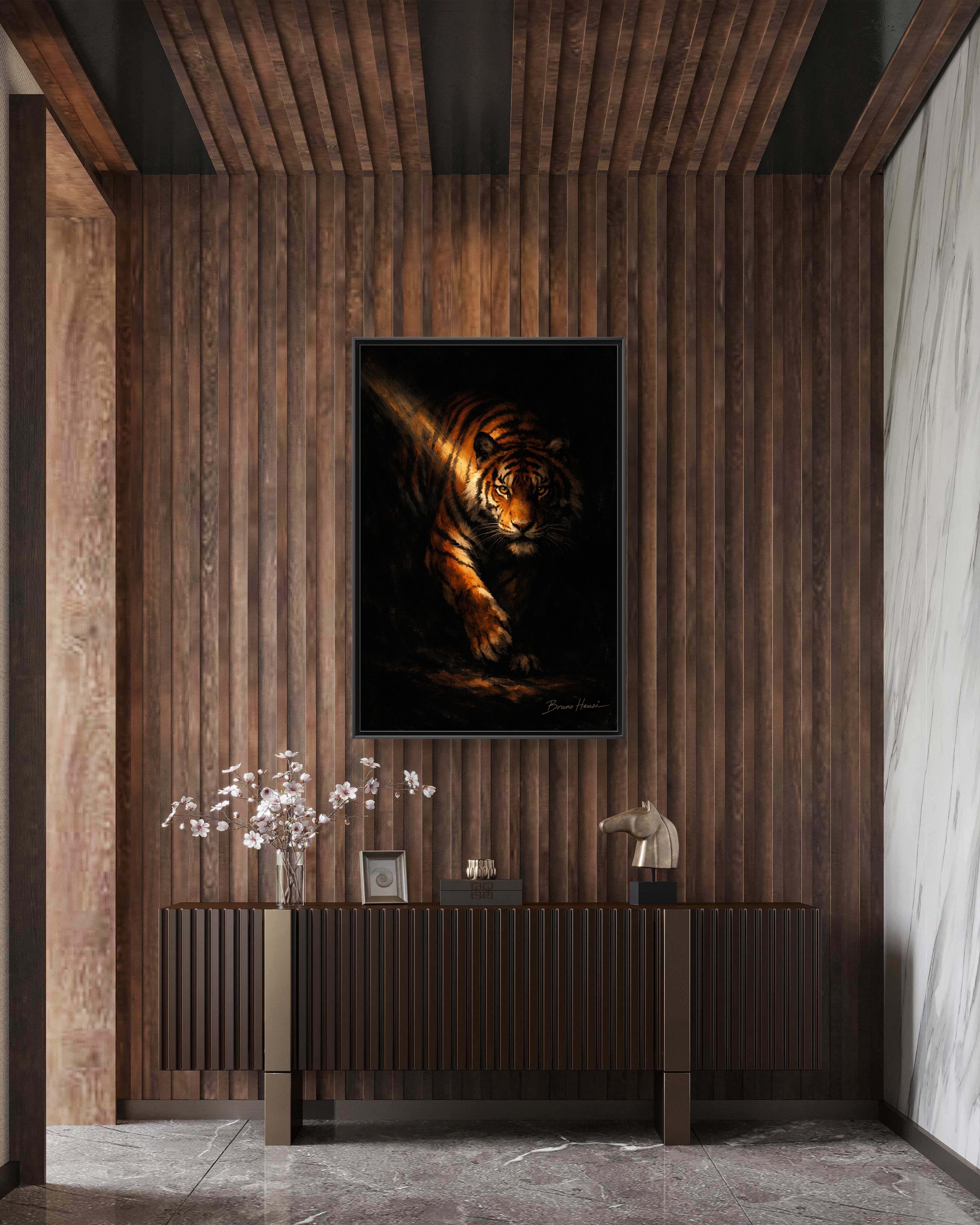 Tiger in the Shadows Matte Framed Canvas Print — Dramatic Wildlife Wall Art