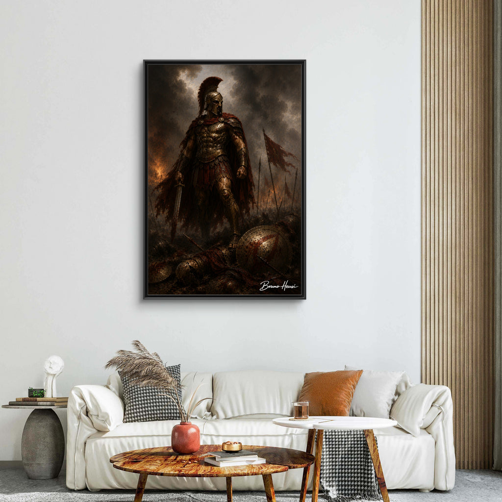 Framed Spartan Warrior Matte Canvas Print – Dramatic Ancient Battle Wall Art