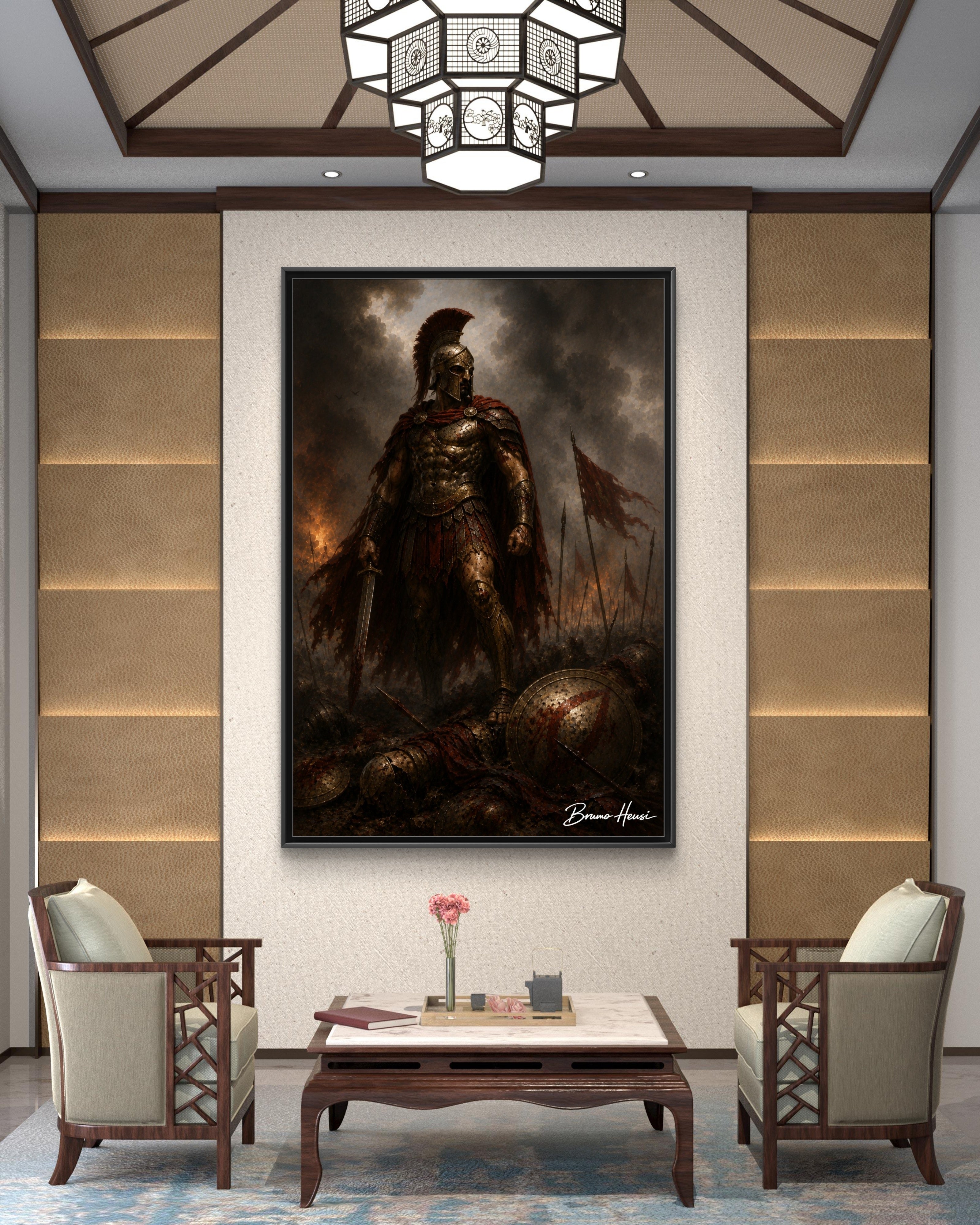 Framed Spartan Warrior Matte Canvas Print – Dramatic Ancient Battle Wall Art