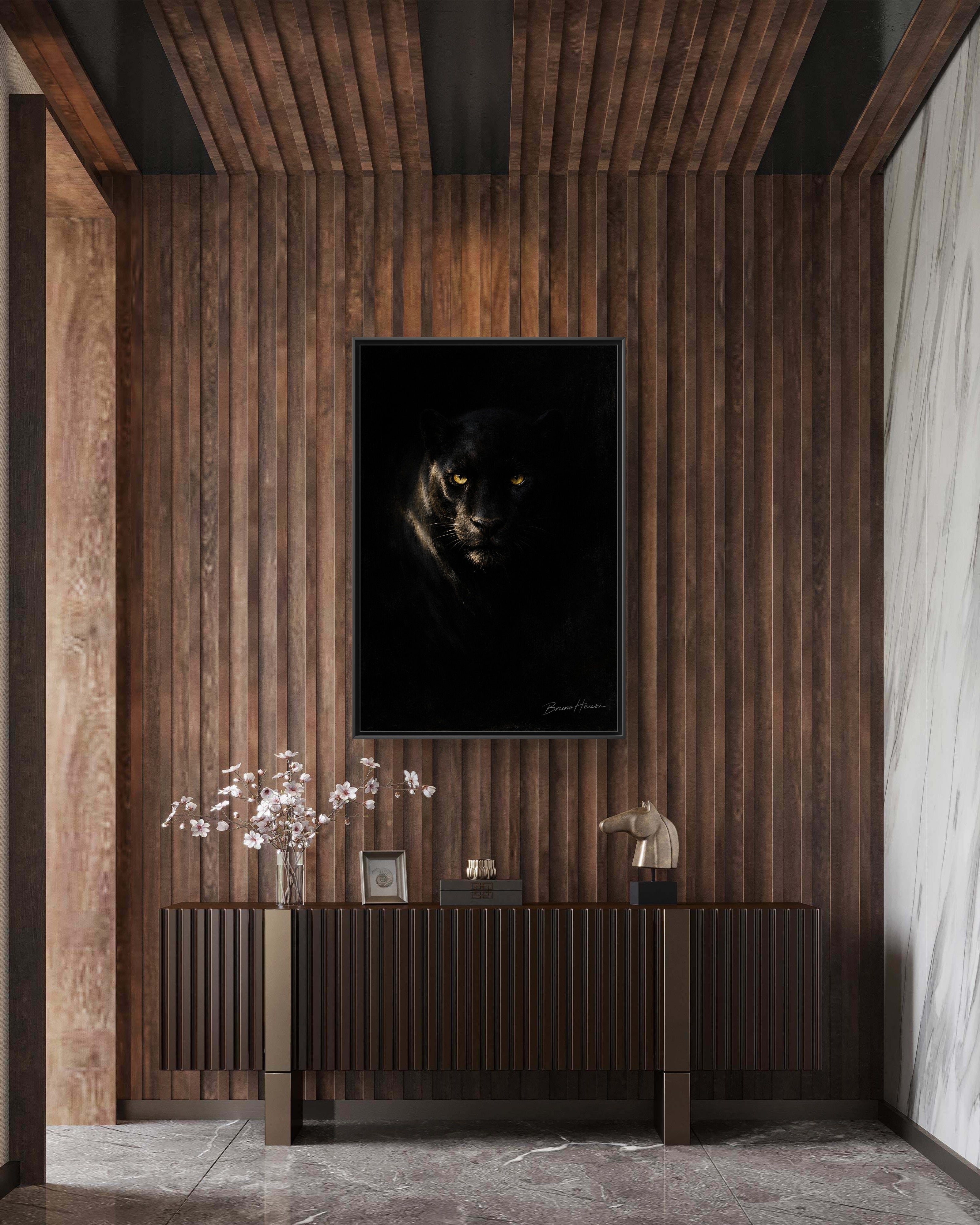Framed Matte Canvas - Black Panther Wall Art with Golden Eyes
