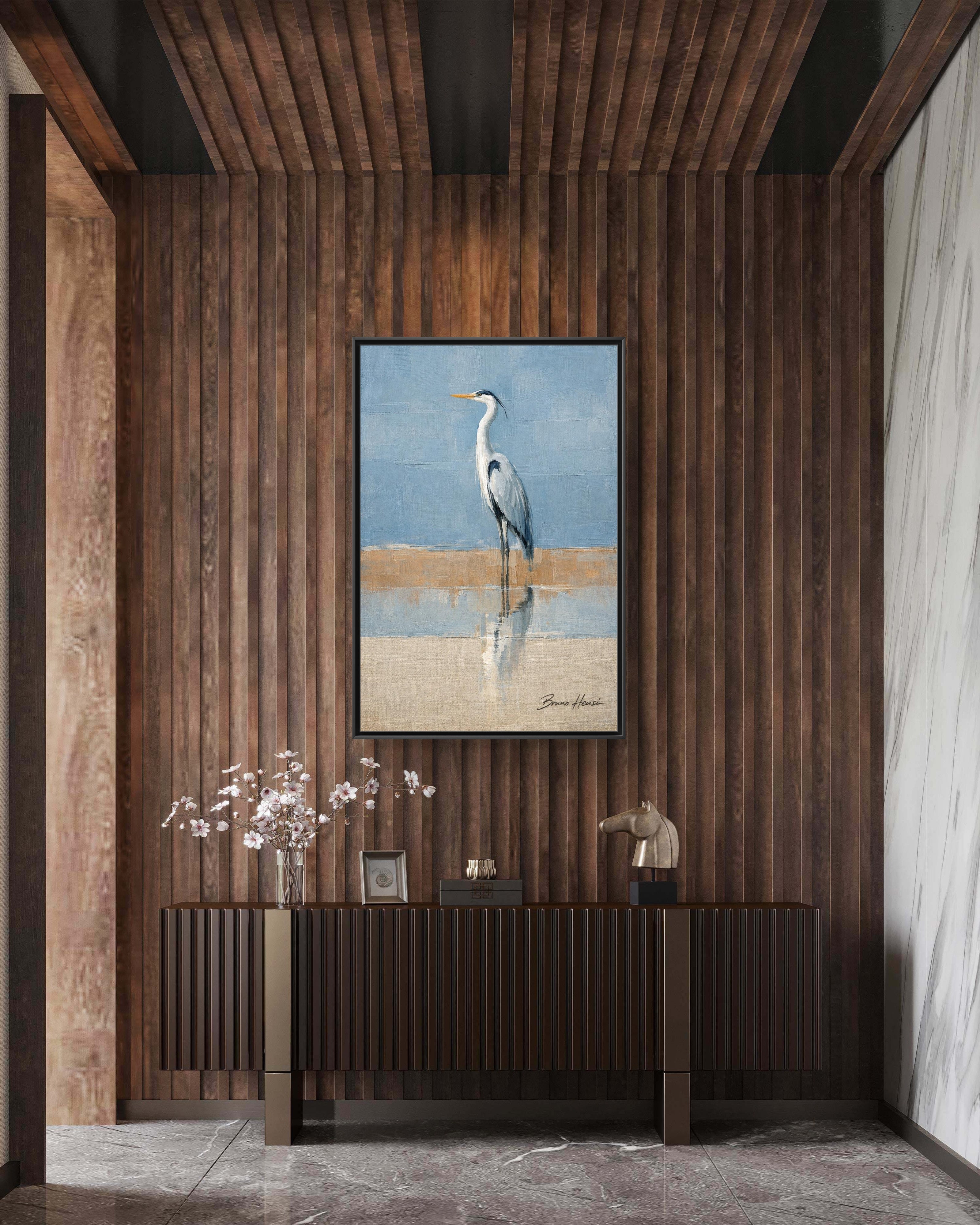 Framed Heron Canvas Art – Coastal Shorebird Wall Decor