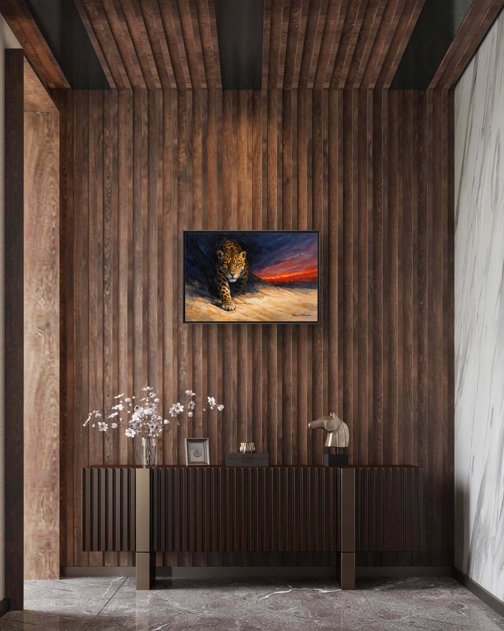 Framed Jaguar Canvas Art – Majestic Big Cat Painting with Sunset Sky