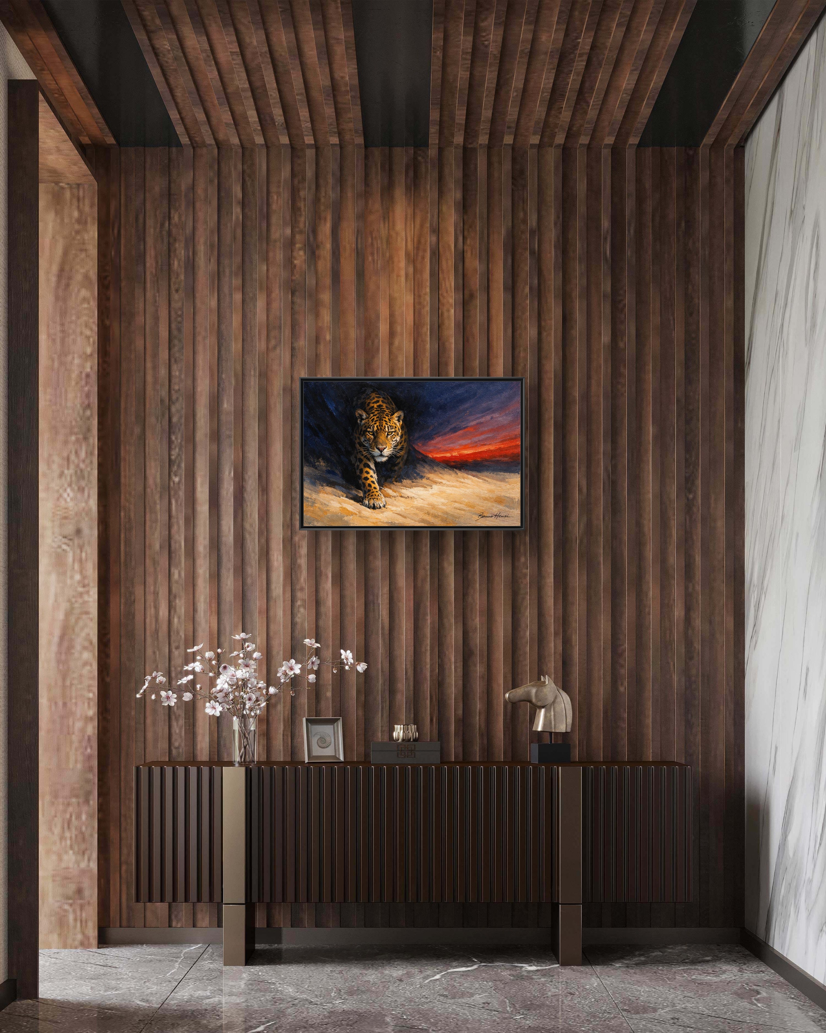 Framed Jaguar Canvas Art – Majestic Big Cat Painting with Sunset Sky