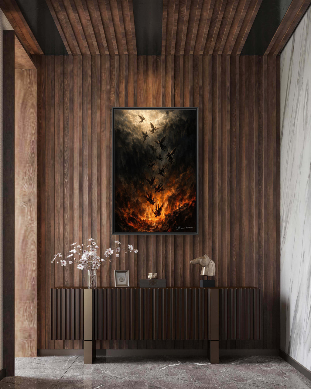 Falling Angels Matte Framed Canvas Print — Dark Fantasy Wall Art