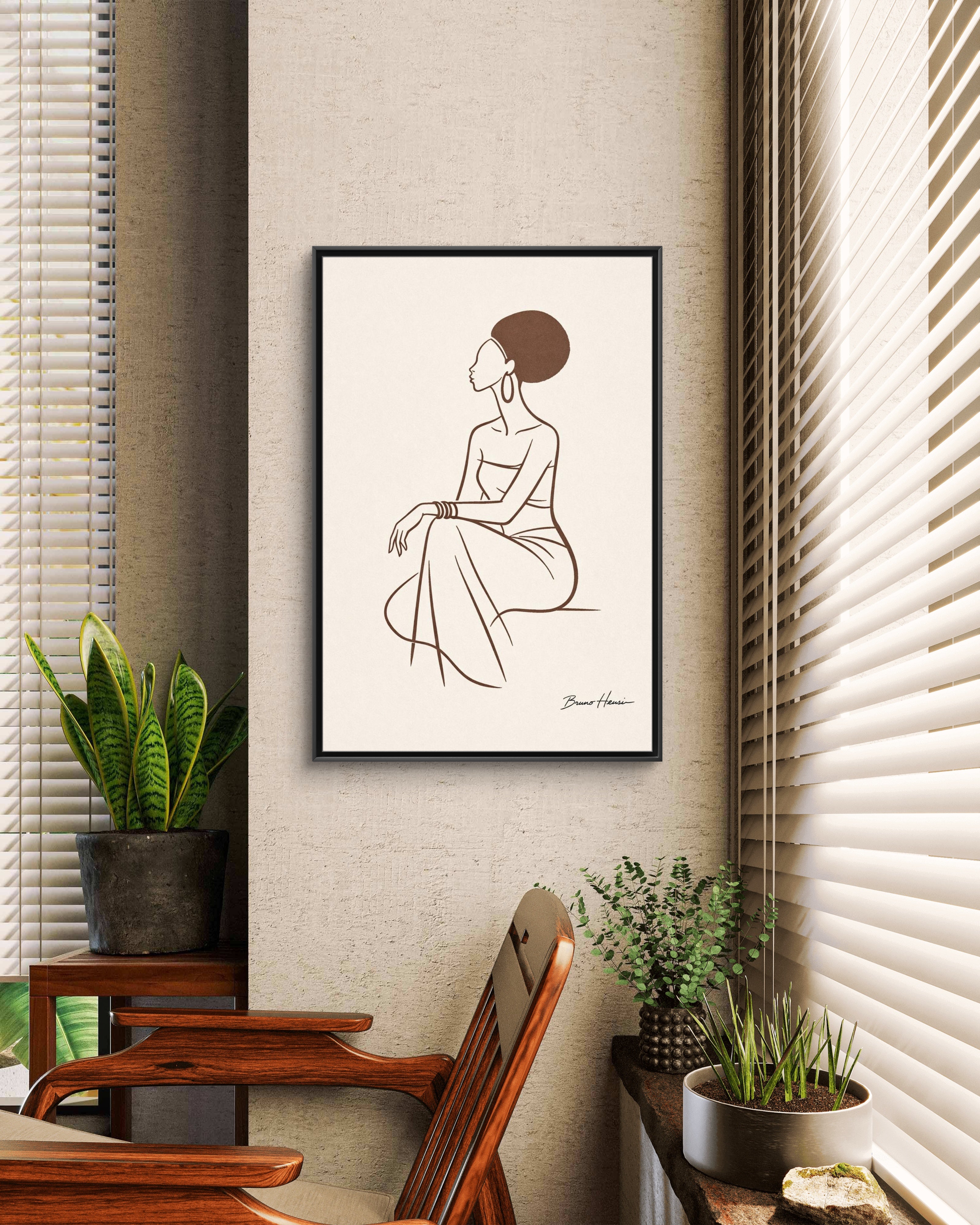 Elegant Minimalist Line Art Woman — Framed Matte Canvas Wall Art