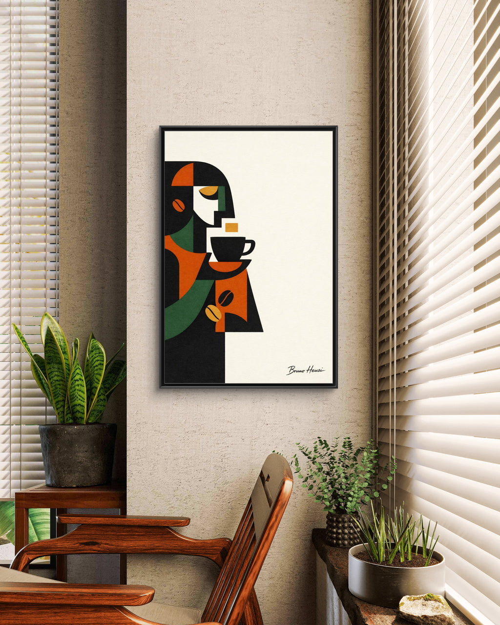 Abstract Coffee Drinker Framed Canvas Print — Modern Café Wall Art