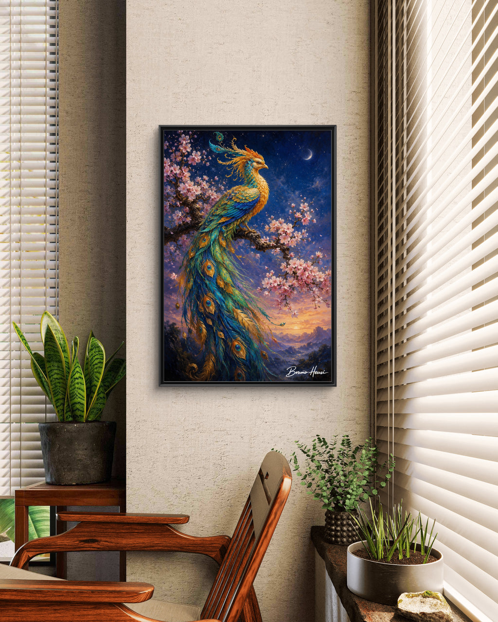 Framed Peacock Canvas Wall Art — Vibrant Fantasy Bird Print
