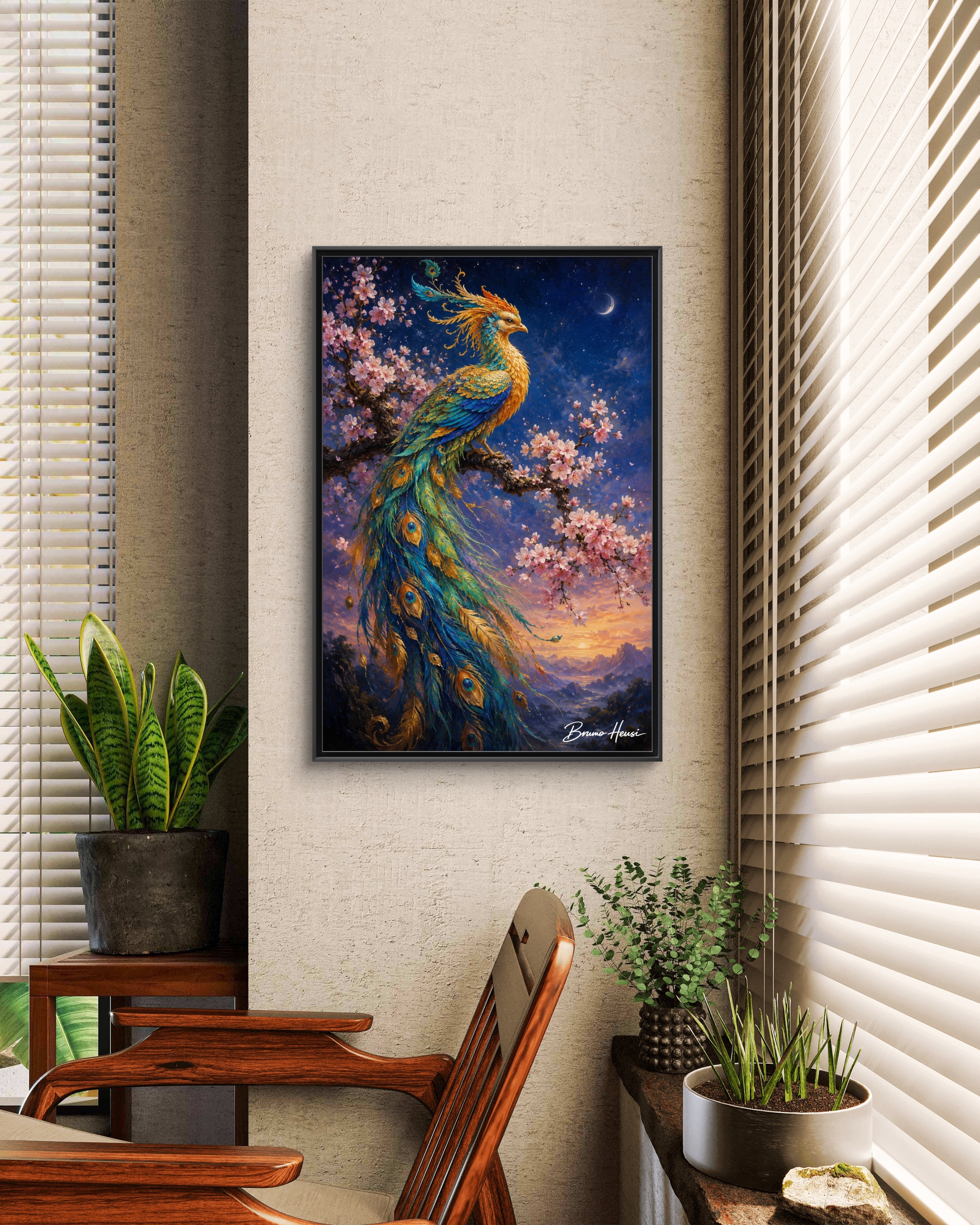 Framed Peacock Canvas Wall Art — Vibrant Fantasy Bird Print