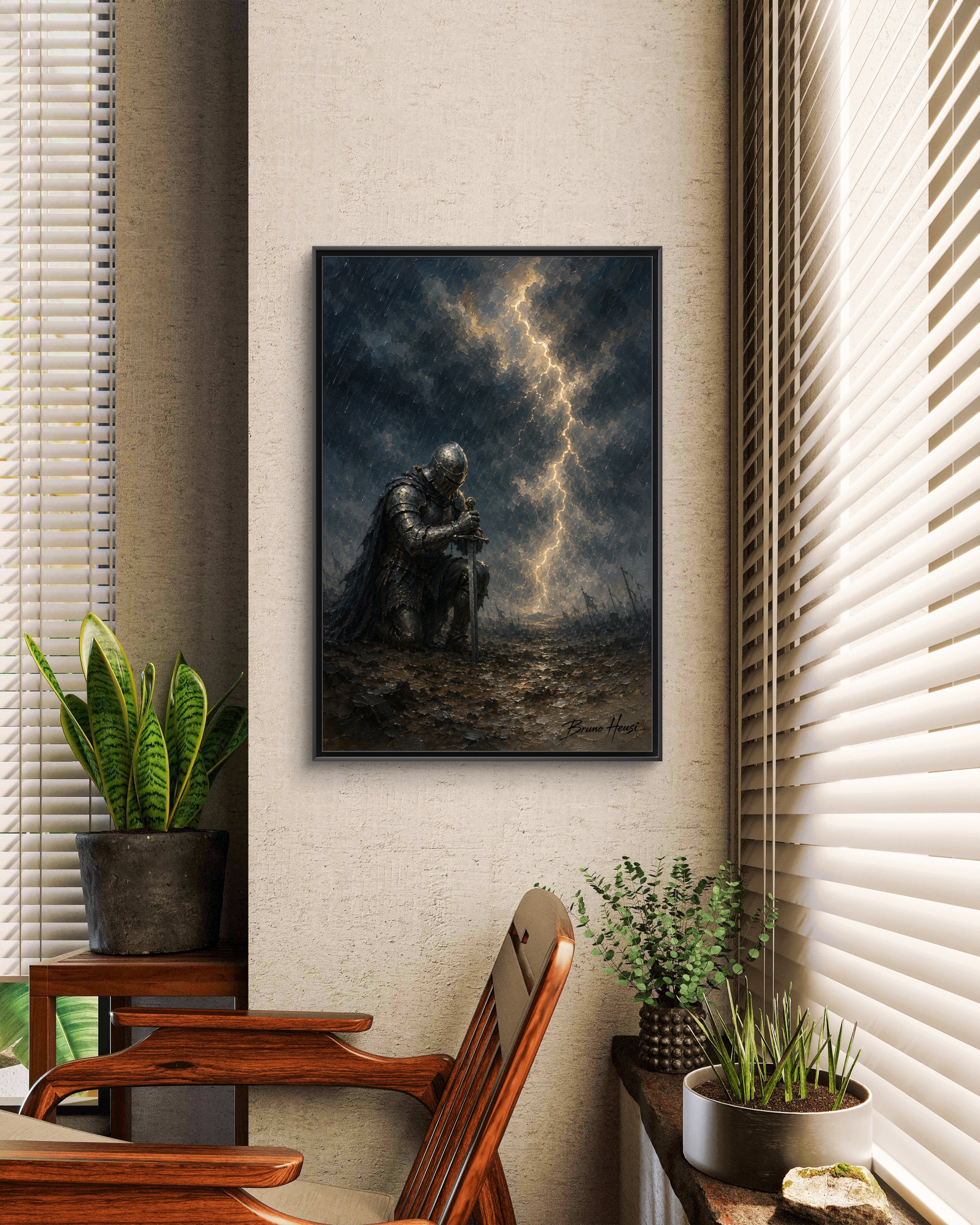 Knight in Thunderstorm Matte Framed Canvas — Dark Fantasy Wall Art