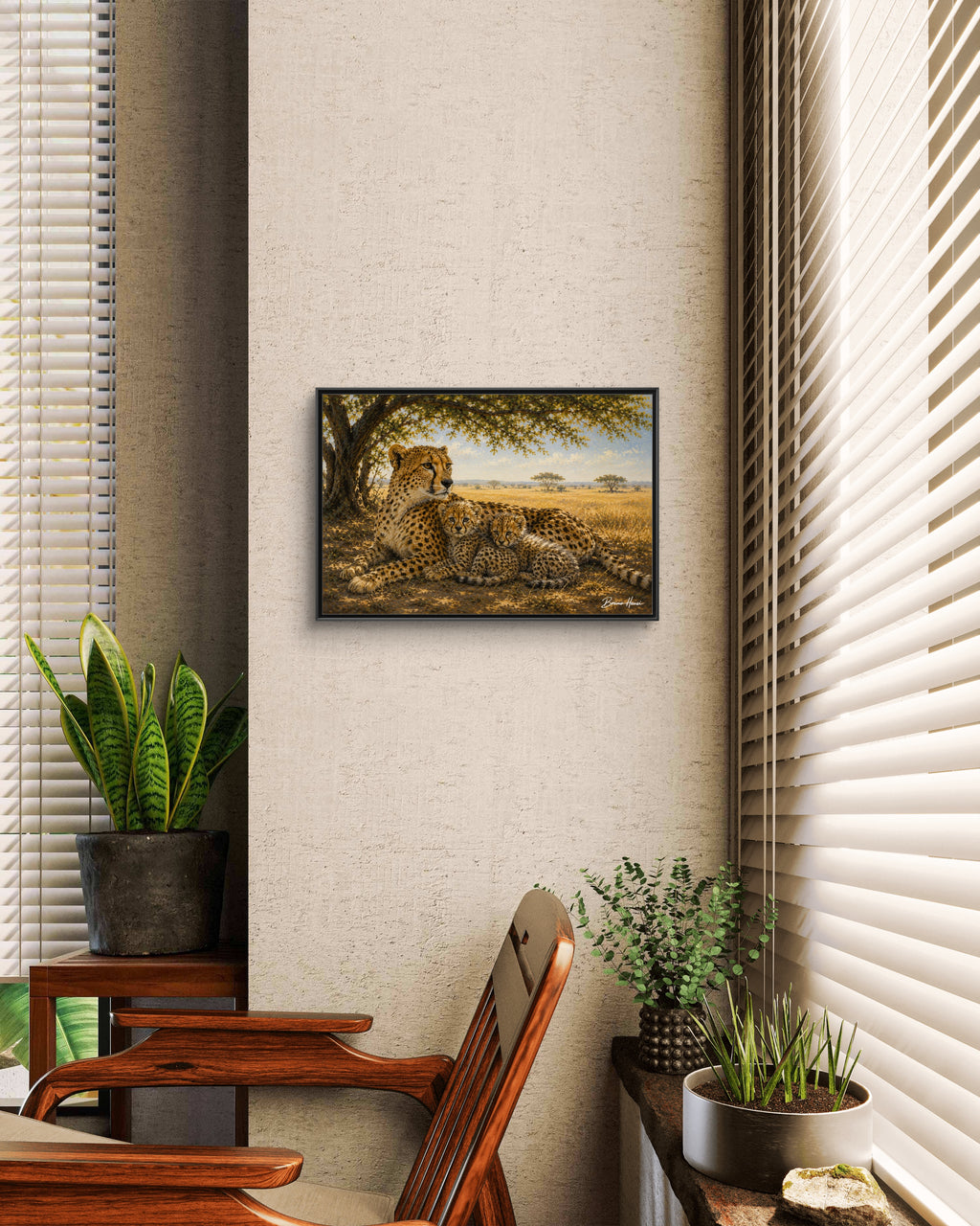 Cheetah Mother & Cubs Framed Canvas Wall Art – African Wildlife Safari Print