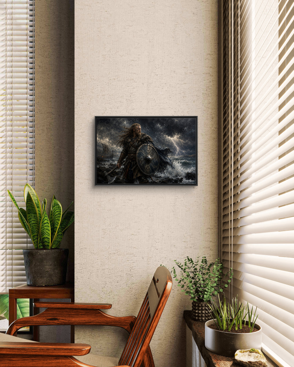 Viking Warrior Matte Framed Canvas Print — Stormy Norse Shield and Axe Wall Art
