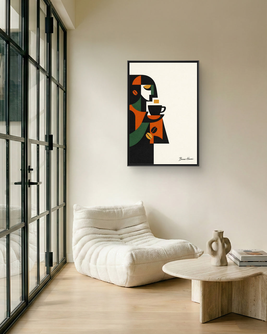 Abstract Coffee Drinker Framed Canvas Print — Modern Café Wall Art